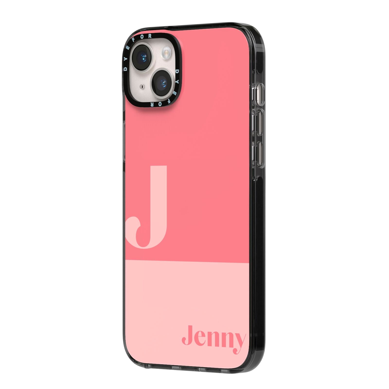 Contrast Personalised Pink iPhone 14 Plus Black Impact Case Side Angle on Silver phone
