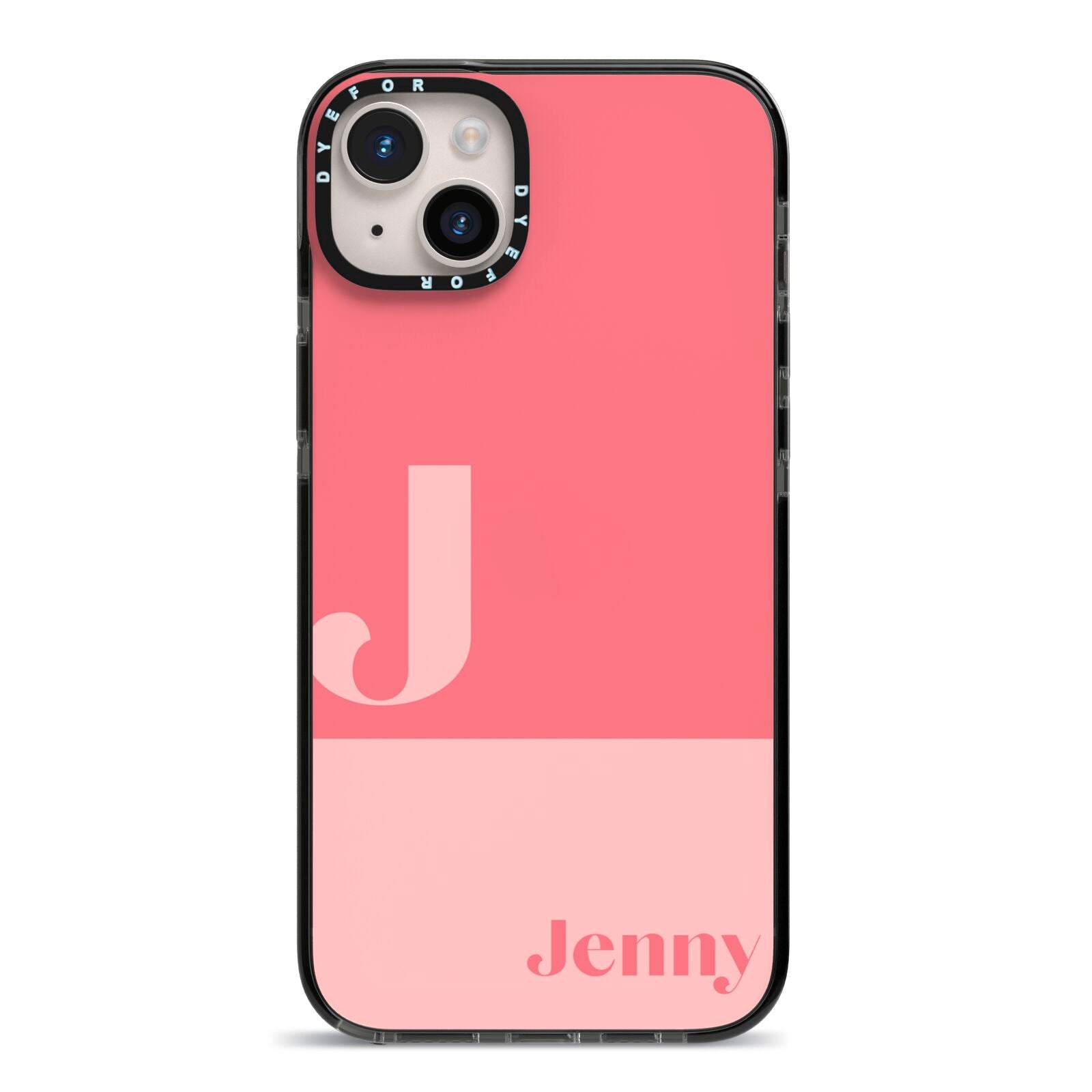 Contrast Personalised Pink iPhone 14 Plus Black Impact Case on Silver phone