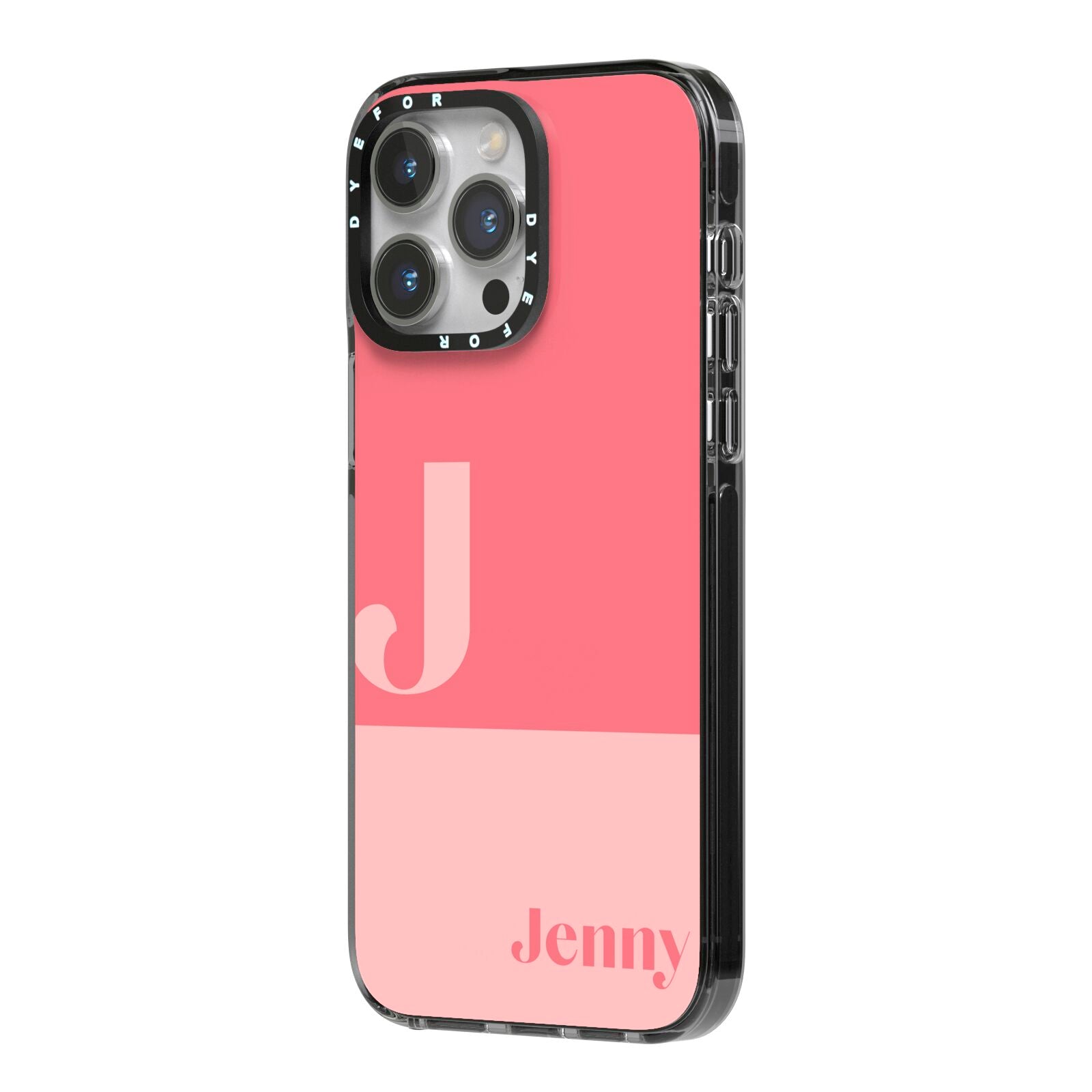 Contrast Personalised Pink iPhone 14 Pro Max Black Impact Case Side Angle on Silver phone