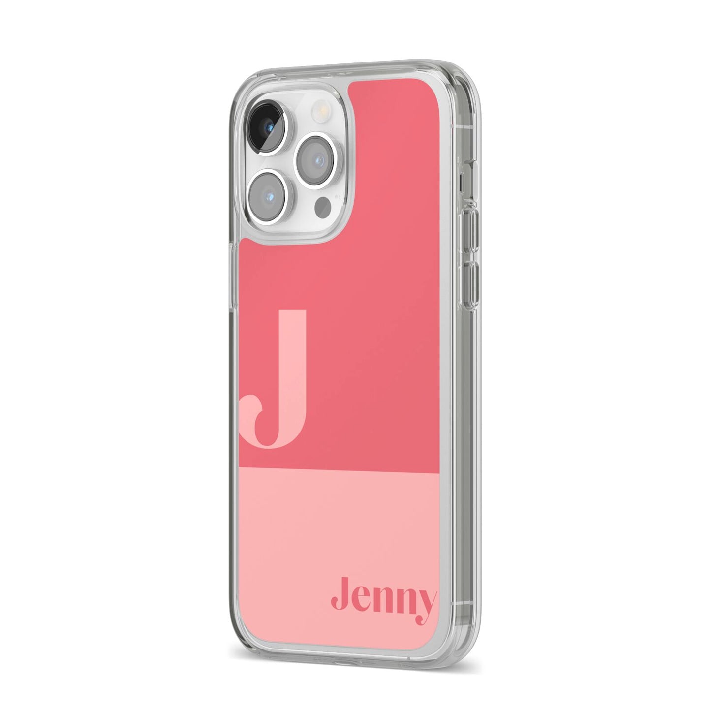 Contrast Personalised Pink iPhone 14 Pro Max Clear Tough Case Silver Angled Image