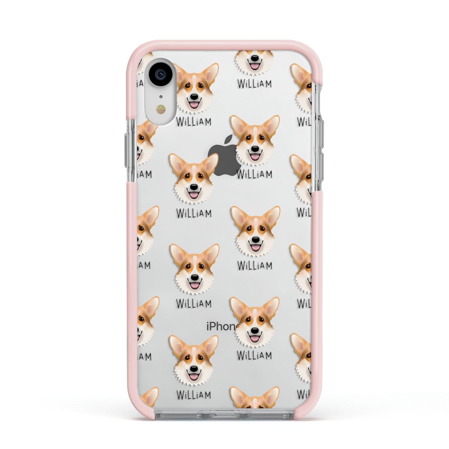 Corgi Icon with Name Apple iPhone XR Impact Case Pink Edge on Silver Phone