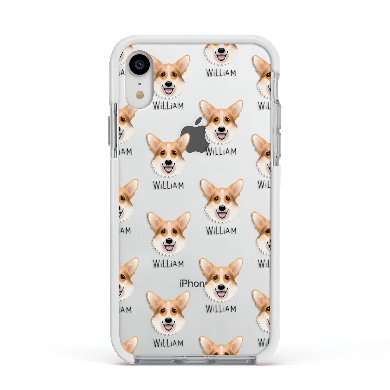 Corgi Icon with Name Apple iPhone XR Impact Case White Edge on Silver Phone