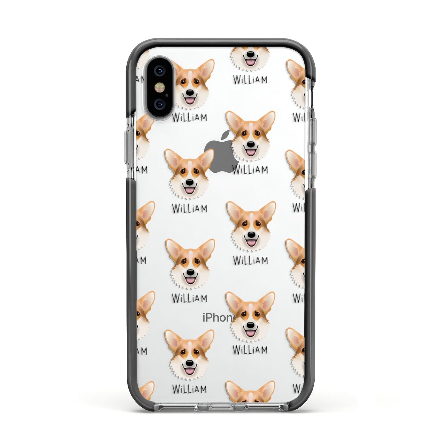 Corgi Icon with Name Apple iPhone Xs Impact Case Black Edge on Silver Phone