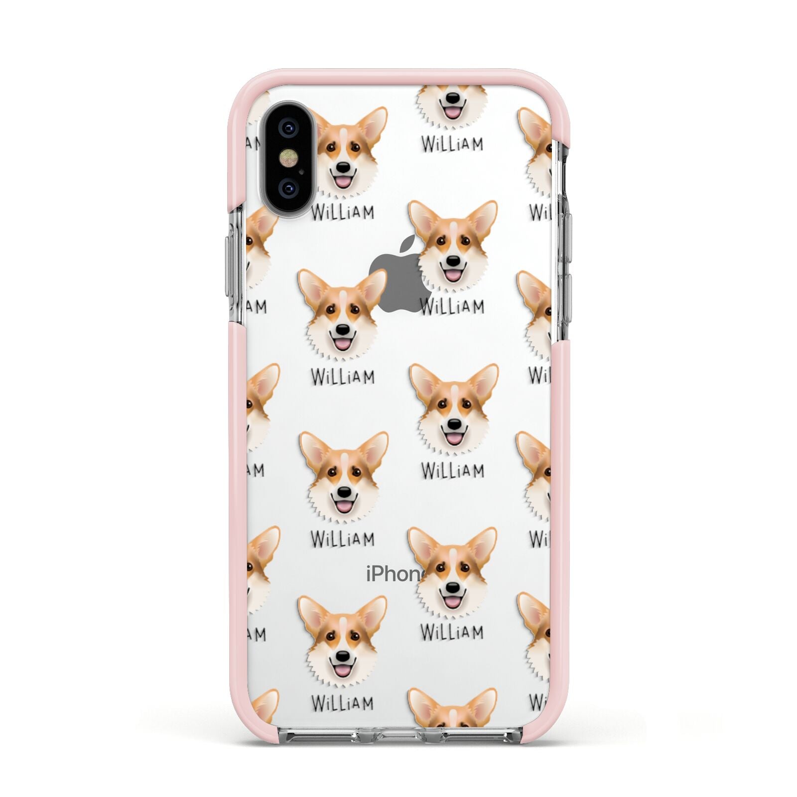 Corgi Icon with Name Apple iPhone Xs Impact Case Pink Edge on Silver Phone