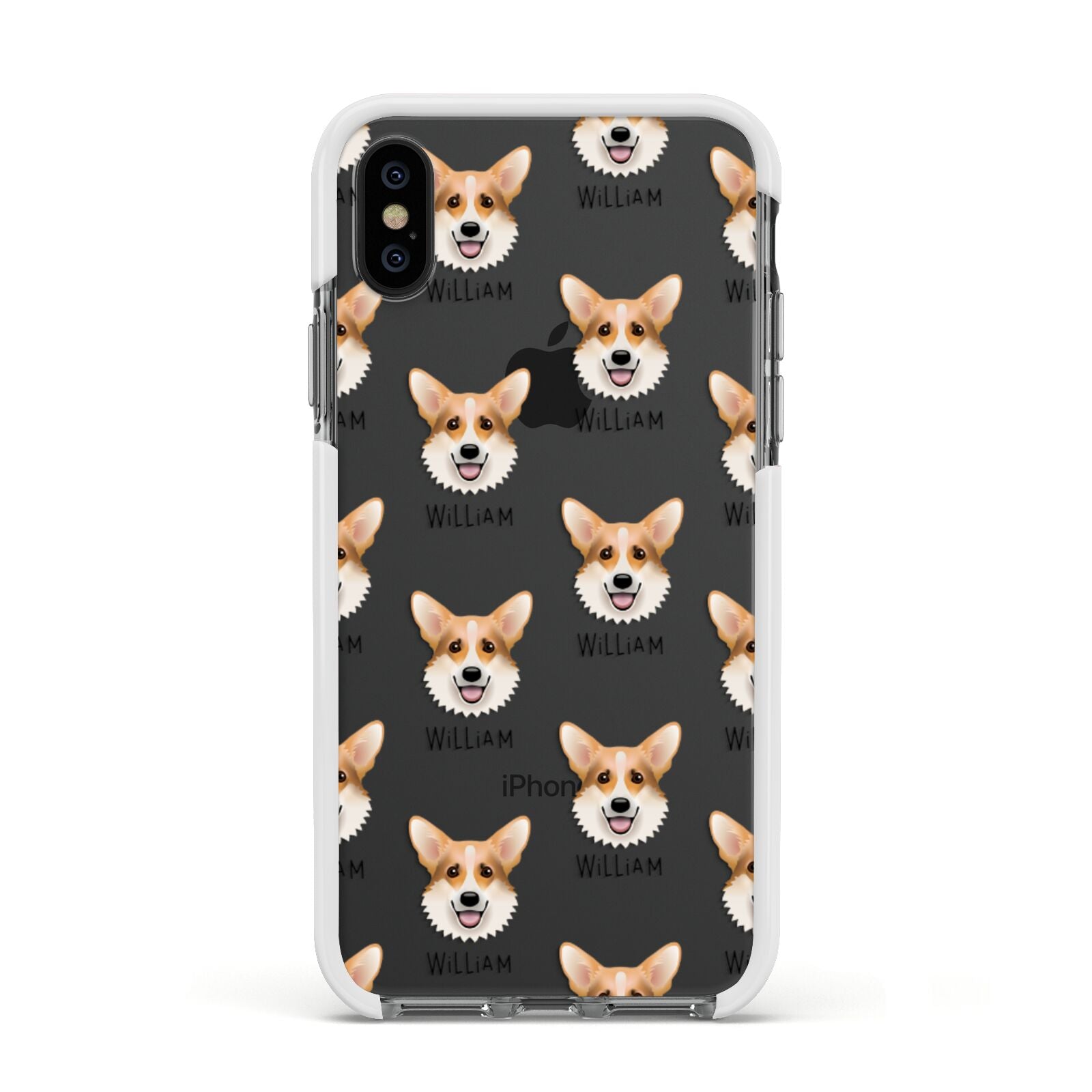 Corgi Icon with Name Apple iPhone Xs Impact Case White Edge on Black Phone