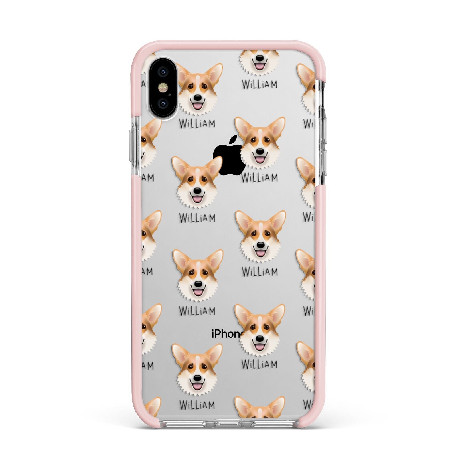 Corgi Icon with Name Apple iPhone Xs Max Impact Case Pink Edge on Silver Phone
