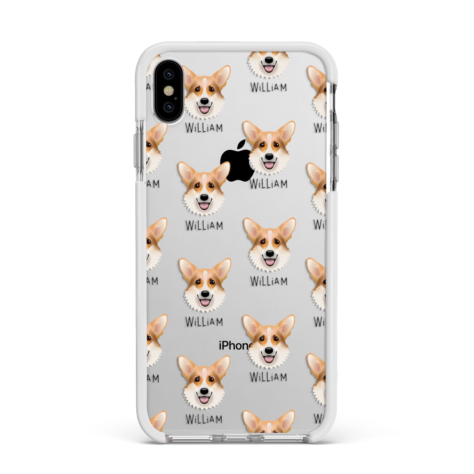 Corgi Icon with Name Apple iPhone Xs Max Impact Case White Edge on Silver Phone