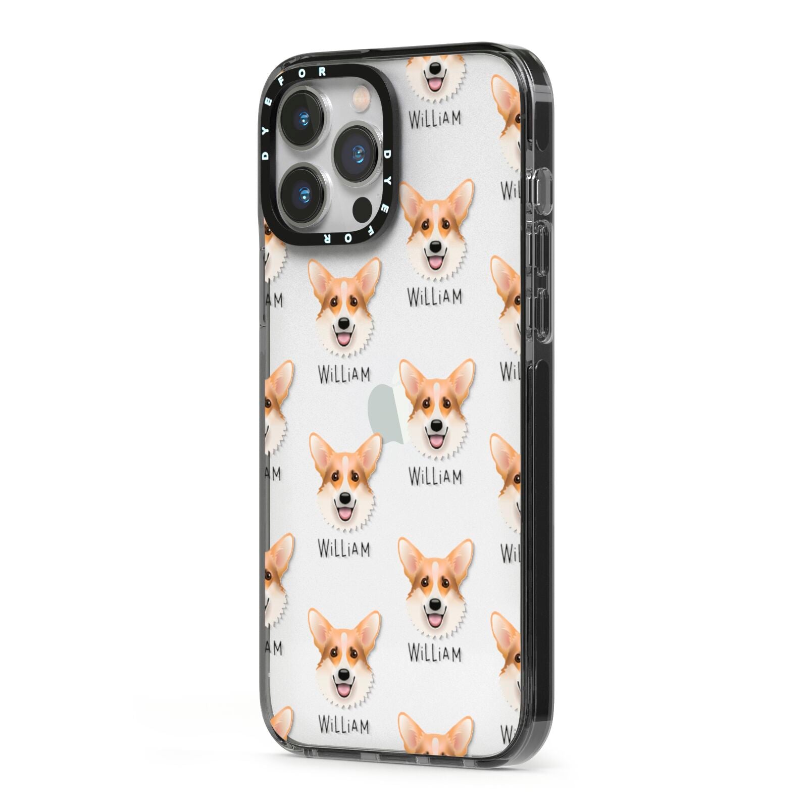 Corgi Icon with Name iPhone 13 Pro Max Black Impact Case Side Angle on Silver phone