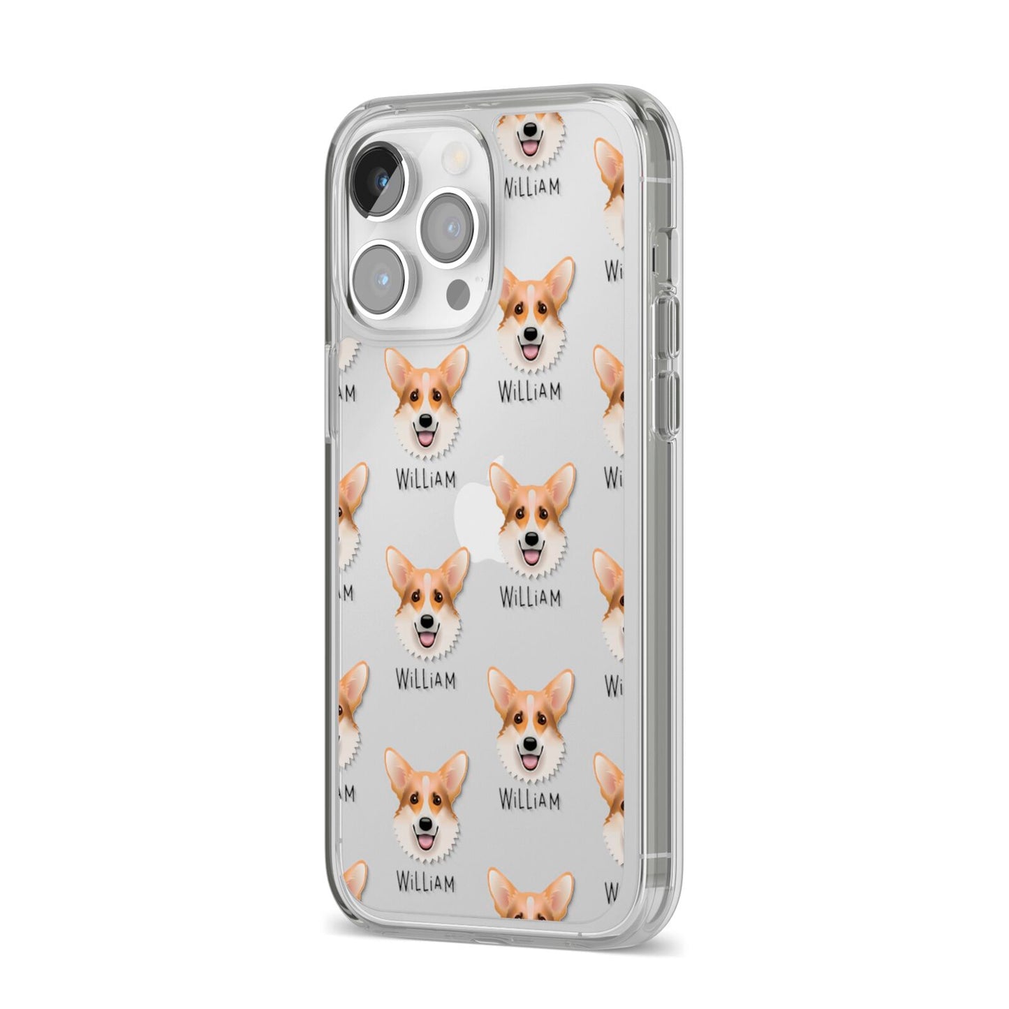 Corgi Icon with Name iPhone 14 Pro Max Clear Tough Case Silver Angled Image