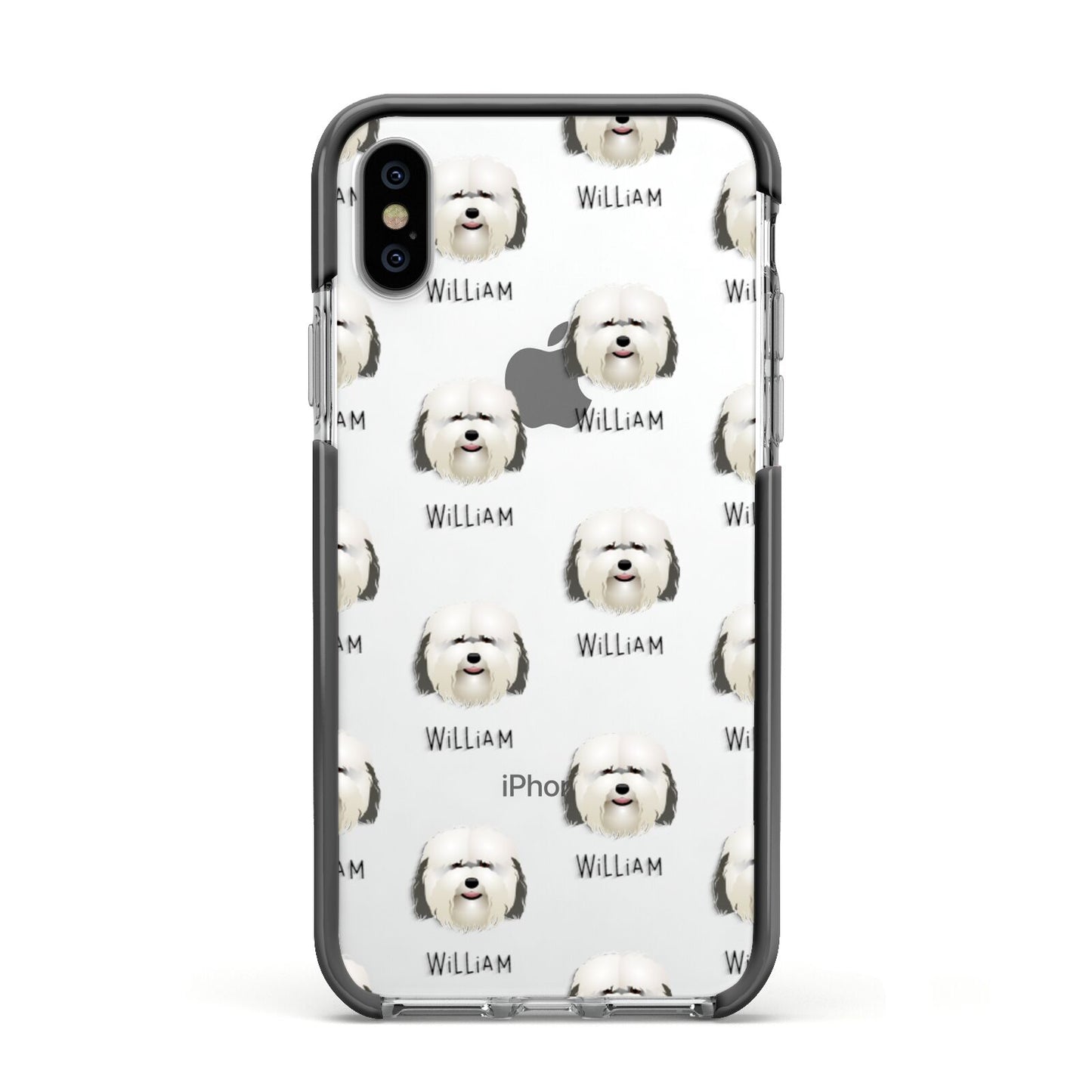 Coton De Tulear Icon with Name Apple iPhone Xs Impact Case Black Edge on Silver Phone
