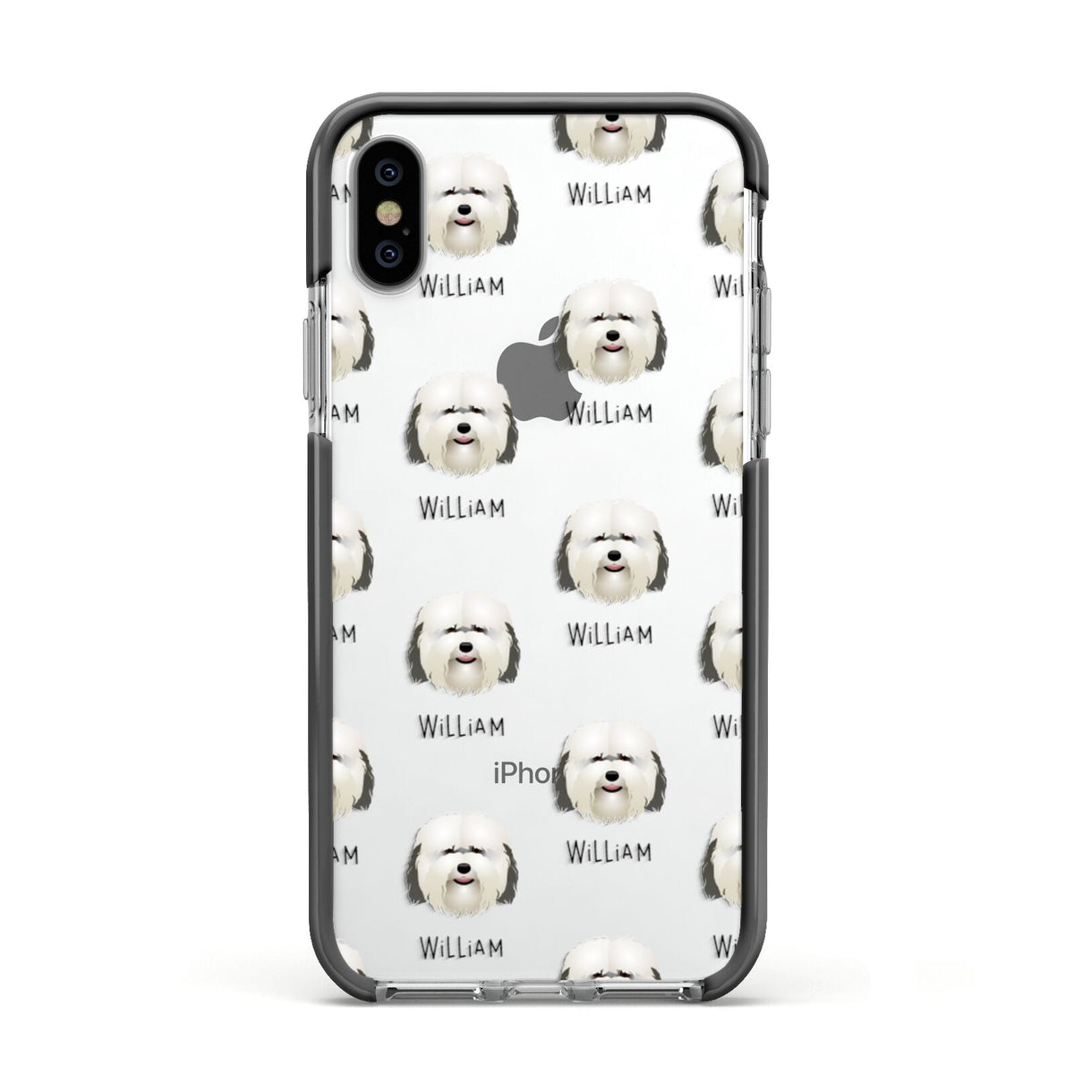 Coton De Tulear Icon with Name Apple iPhone Xs Impact Case Black Edge on Silver Phone