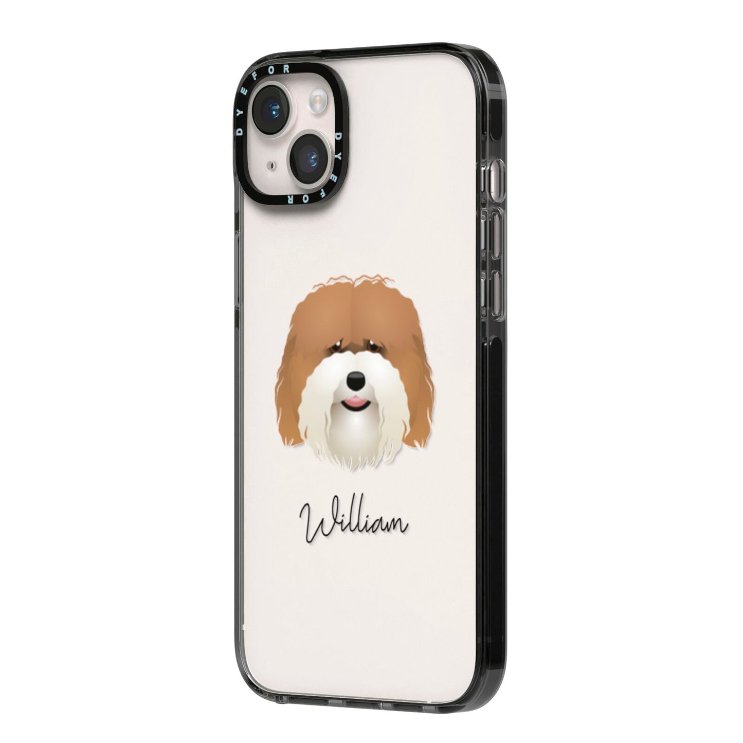 Coton De Tulear Personalised iPhone 14 Plus Black Impact Case Side Angle on Silver phone