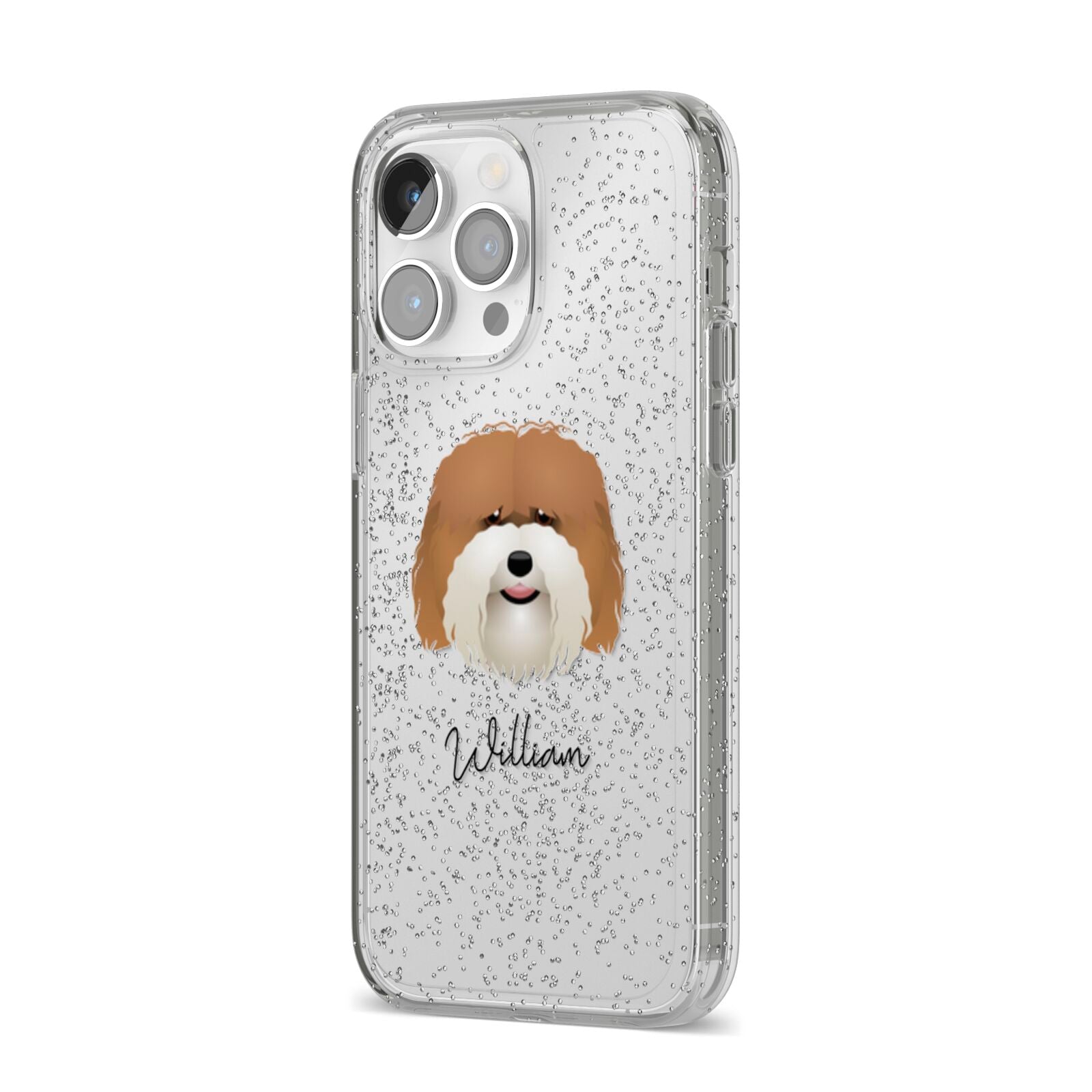 Coton De Tulear Personalised iPhone 14 Pro Max Glitter Tough Case Silver Angled Image