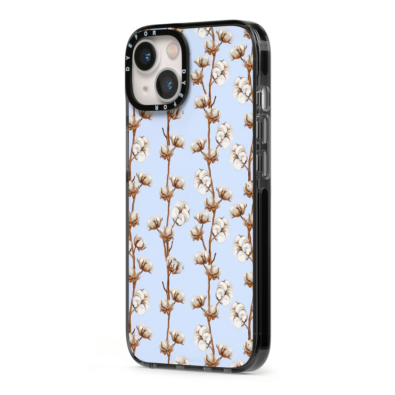 Cotton Branch iPhone 13 Black Impact Case Side Angle on Silver phone