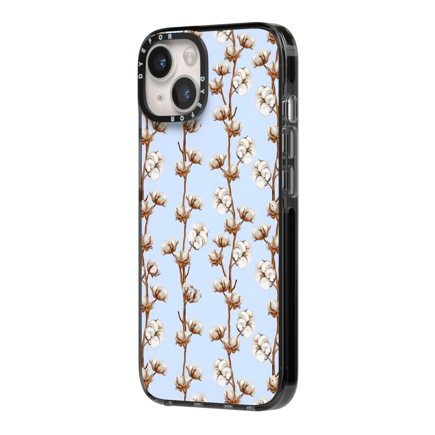 Cotton Branch iPhone 14 Black Impact Case Side Angle on Silver phone