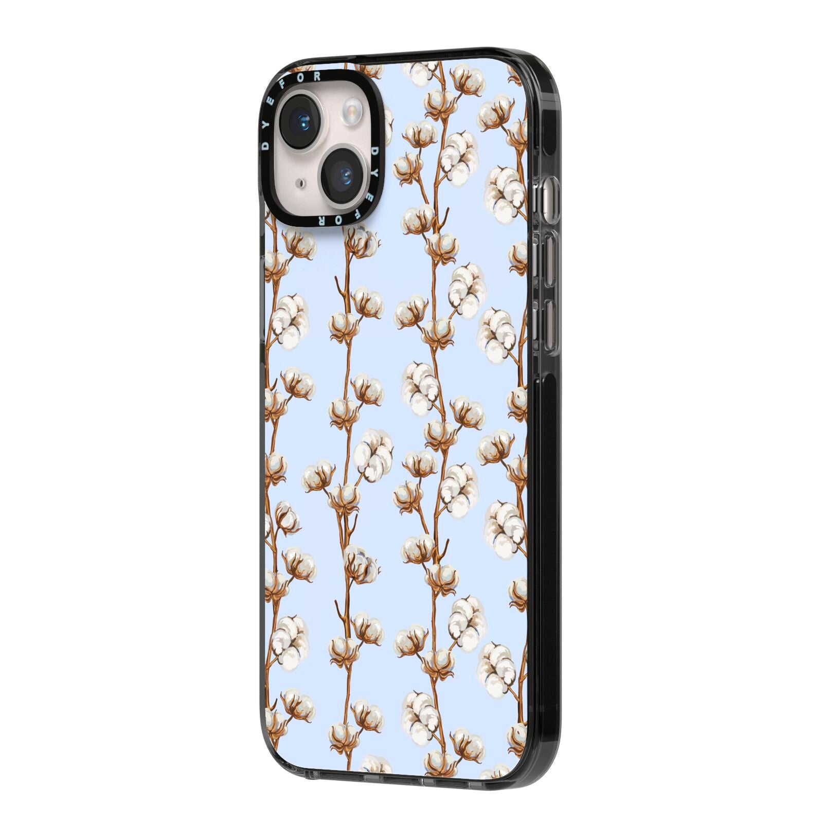 Cotton Branch iPhone 14 Plus Black Impact Case Side Angle on Silver phone