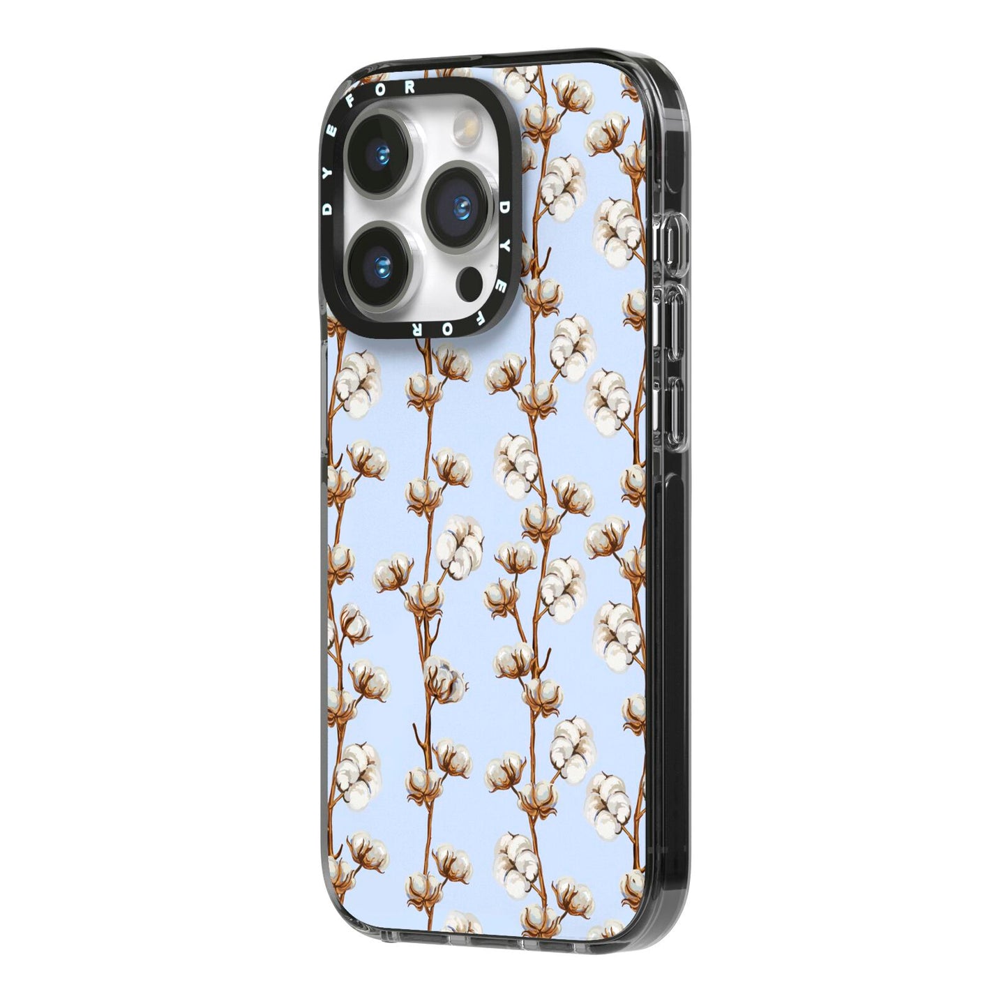 Cotton Branch iPhone 14 Pro Black Impact Case Side Angle on Silver phone