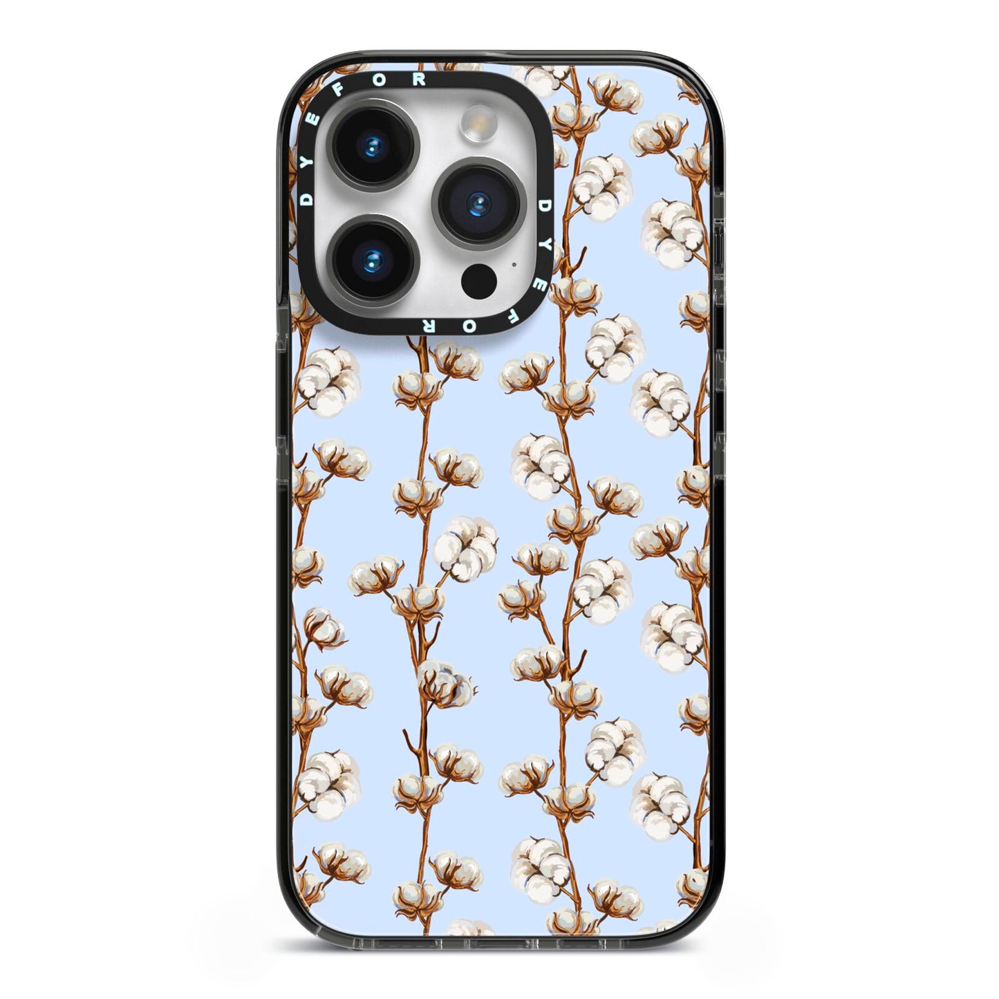 Cotton Branch iPhone 14 Pro Black Impact Case on Silver phone
