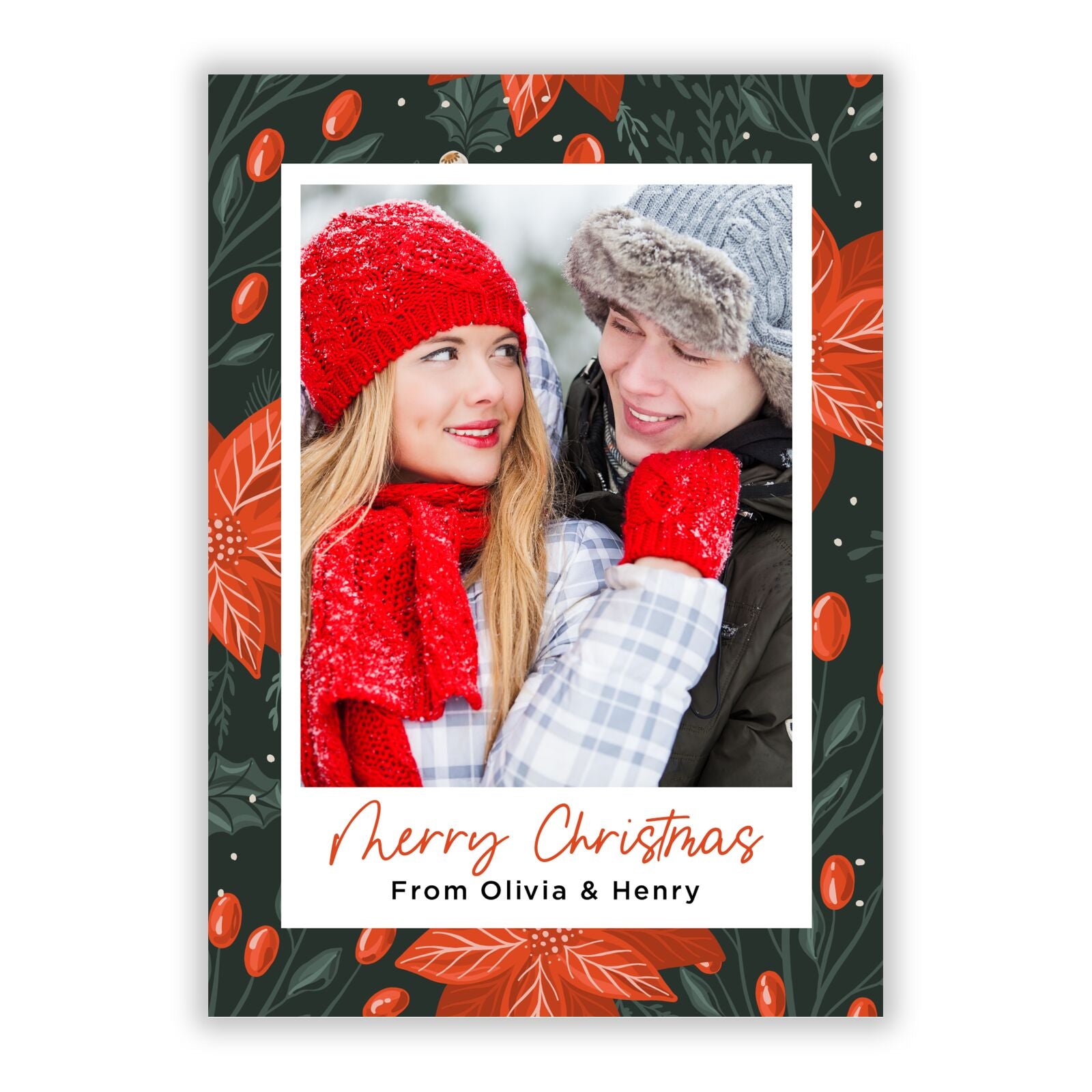 Couple s Photo Upload Winter Foliage Christmas A5 Flat Greetings Card