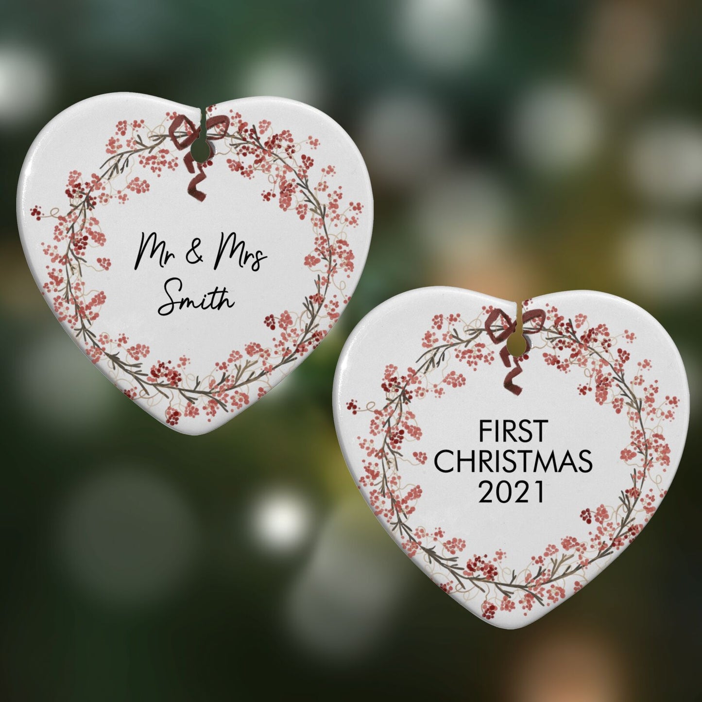 Couples Christmas Wreath Personalised Heart Decoration on Christmas Background