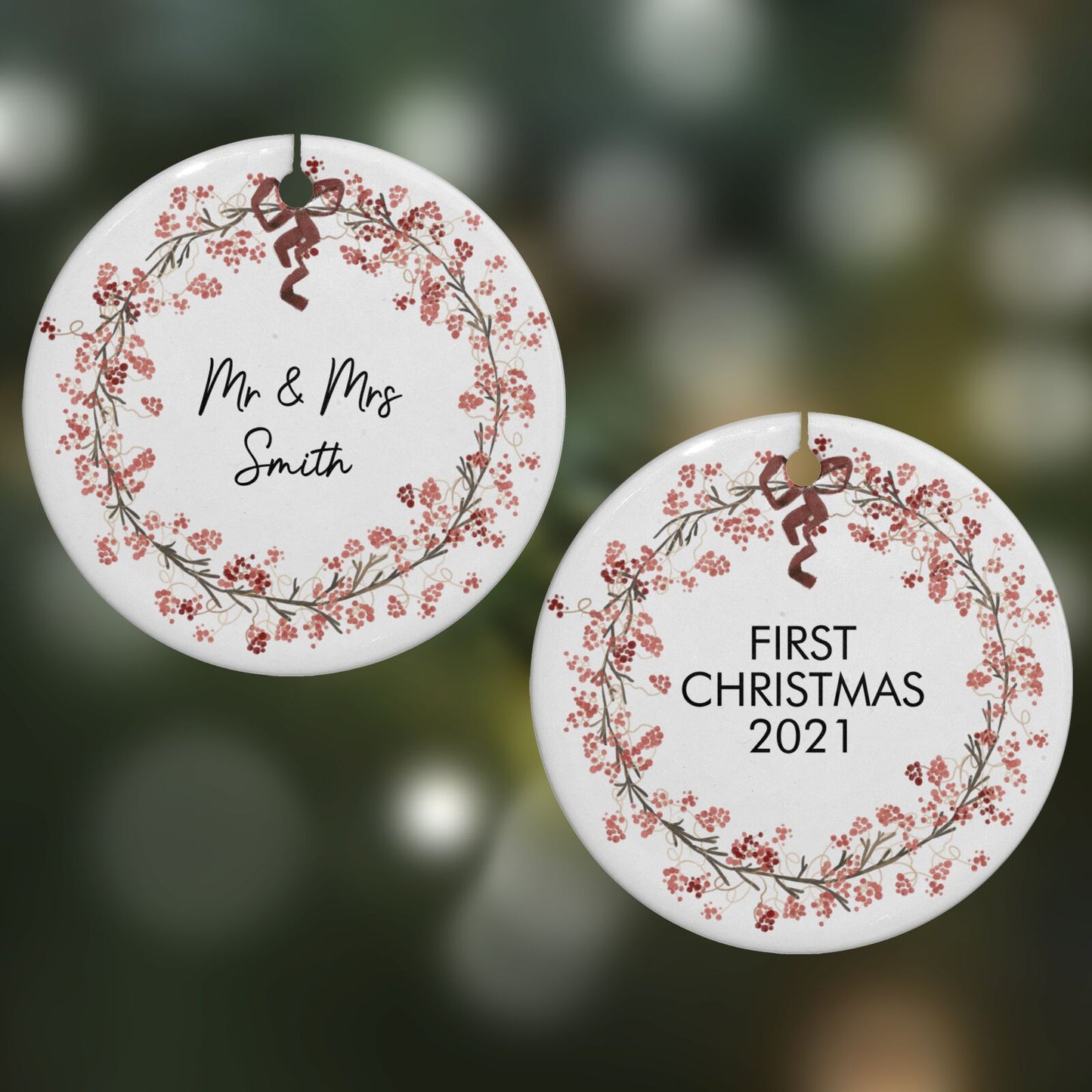Couples Christmas Wreath Personalised Round Decoration on Christmas Background