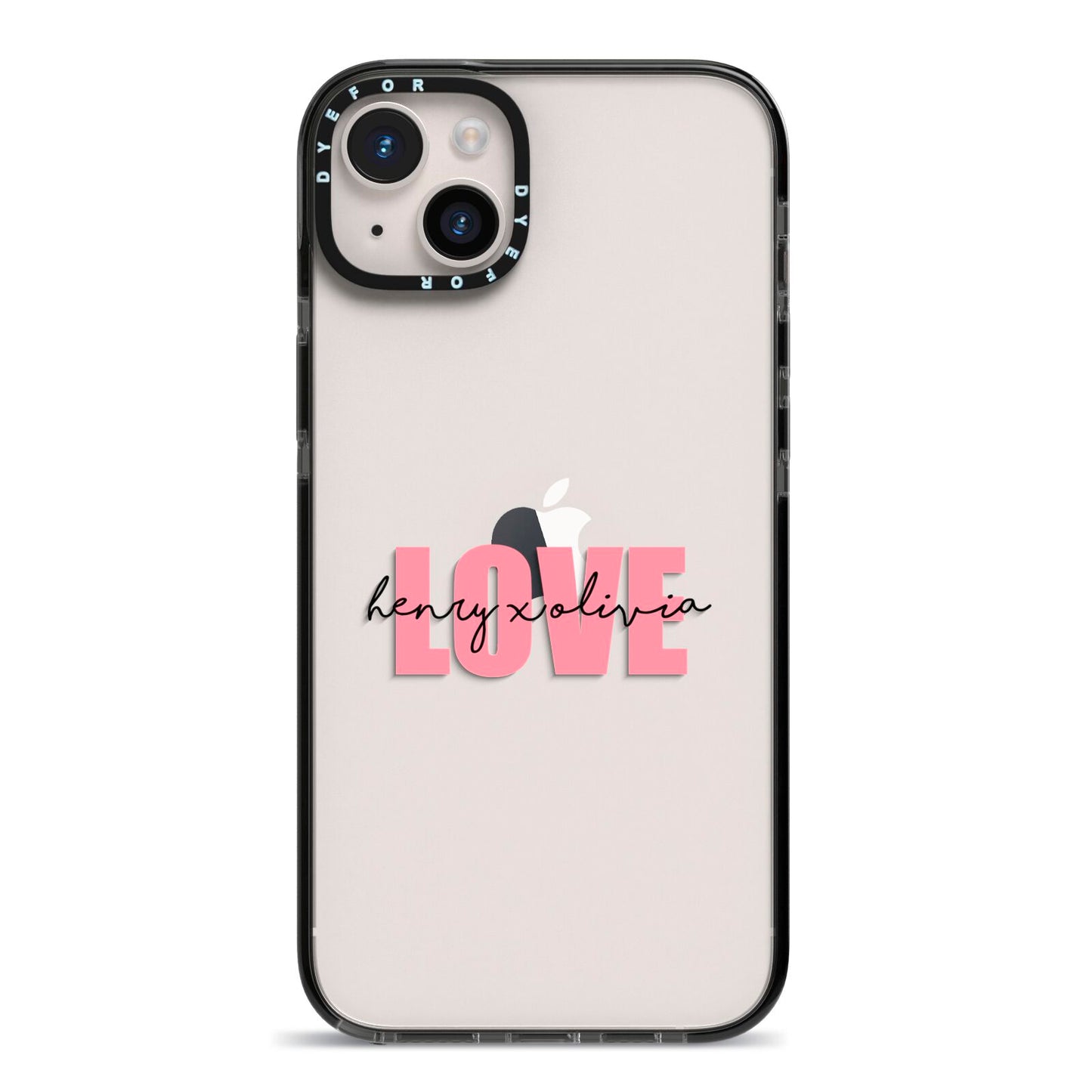 Couples Personalised Love iPhone 14 Plus Black Impact Case on Silver phone