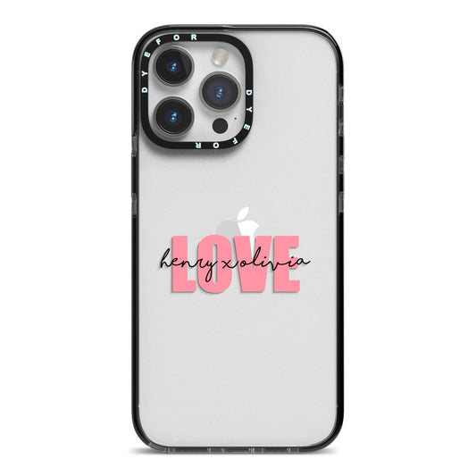 Couples Personalised Love iPhone 14 Pro Max Black Impact Case on Silver phone