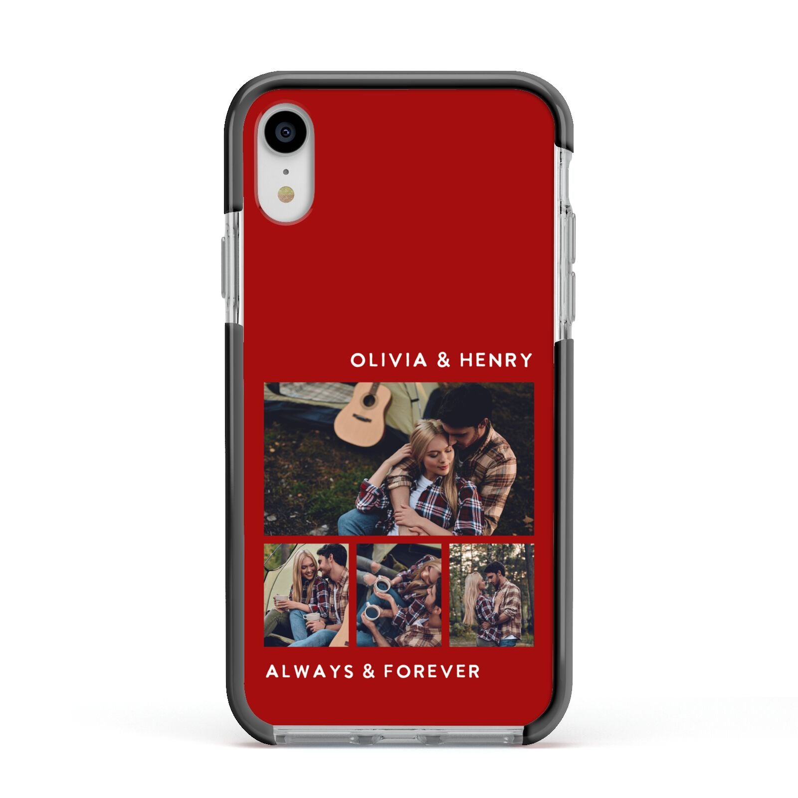 Couples Photo Collage Personalised Apple iPhone XR Impact Case Black Edge on Silver Phone