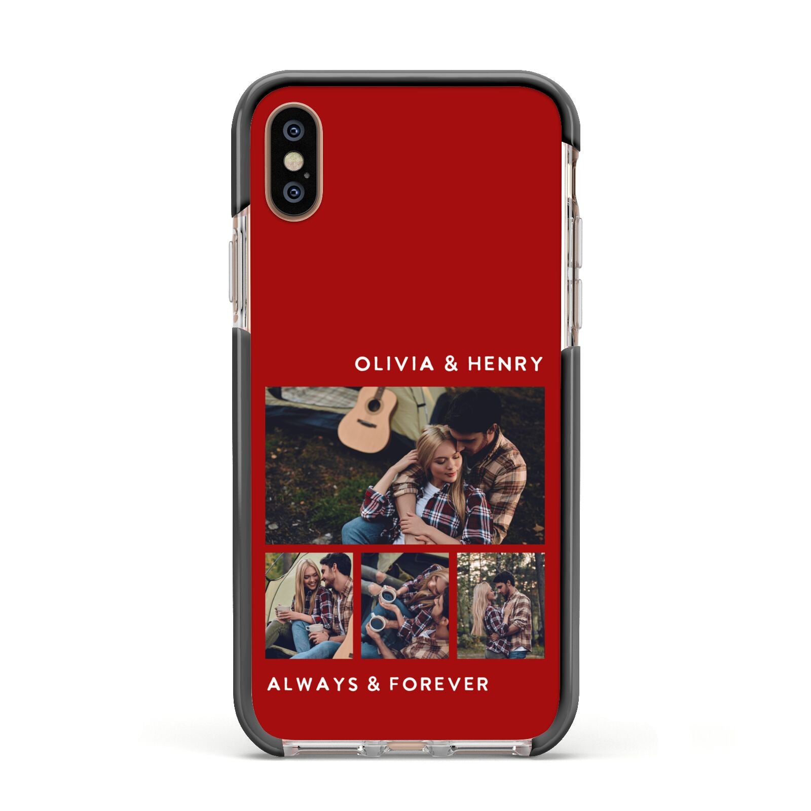 Couples Photo Collage Personalised Apple iPhone Xs Impact Case Black Edge on Gold Phone
