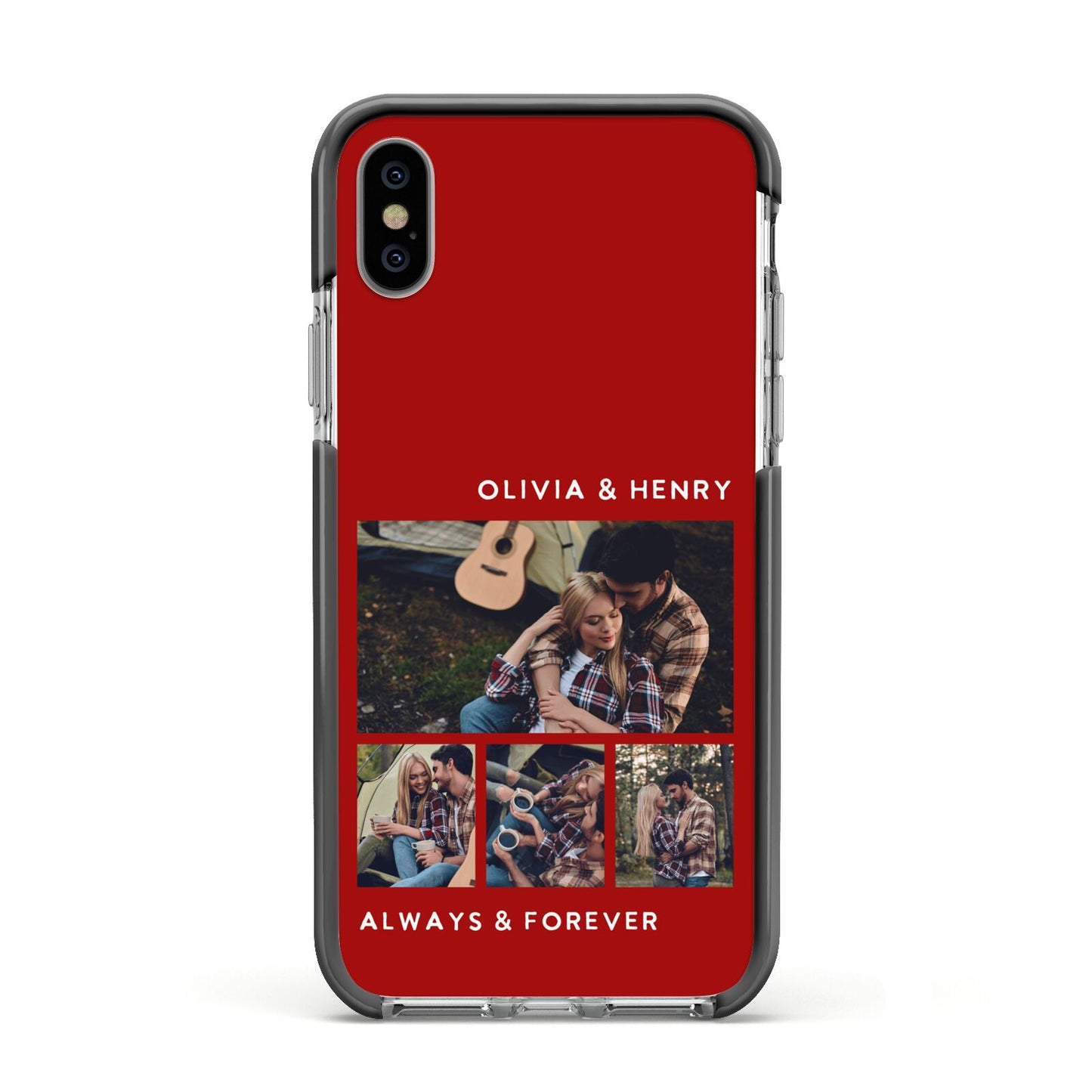 Couples Photo Collage Personalised Apple iPhone Xs Impact Case Black Edge on Silver Phone