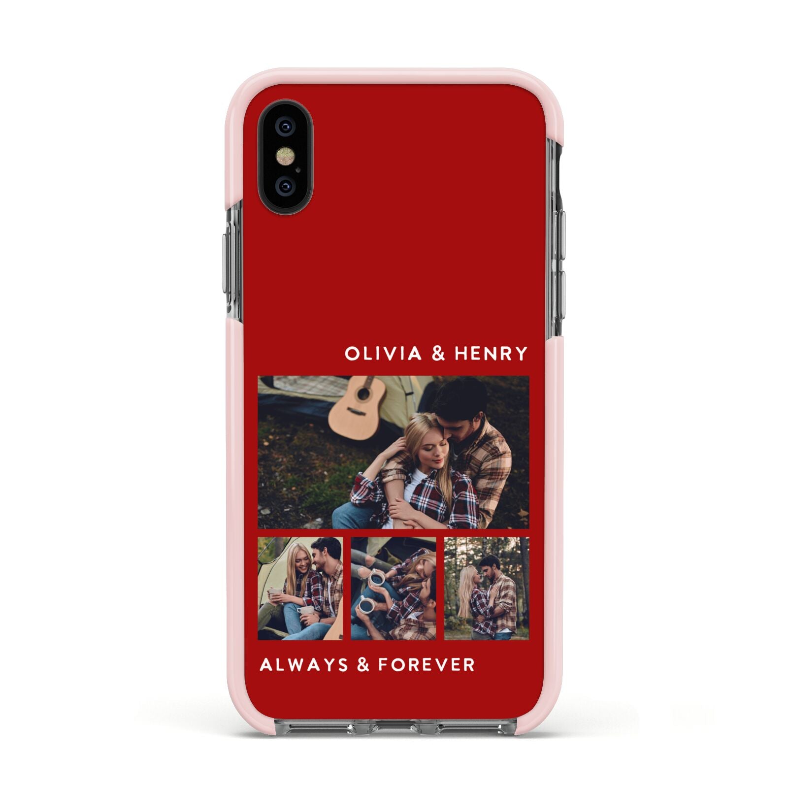 Couples Photo Collage Personalised Apple iPhone Xs Impact Case Pink Edge on Black Phone