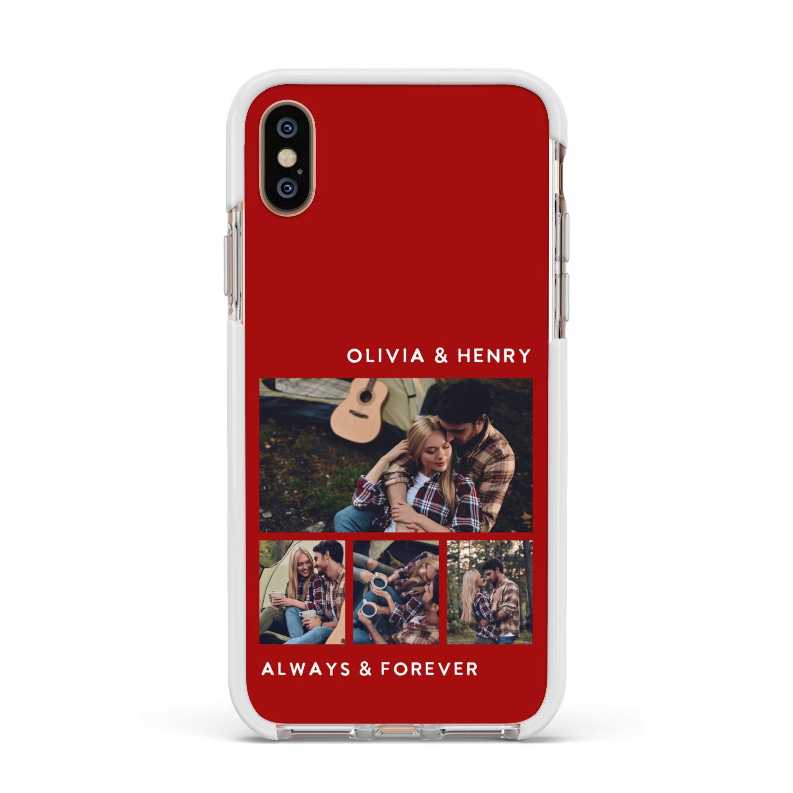Couples Photo Collage Personalised Apple iPhone Xs Impact Case White Edge on Gold Phone