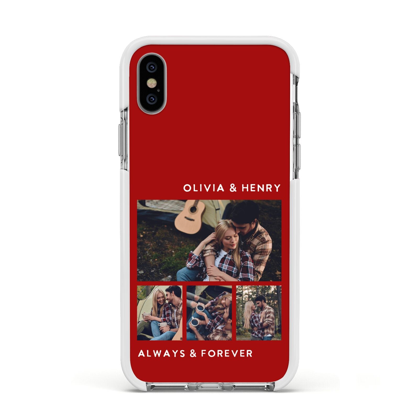Couples Photo Collage Personalised Apple iPhone Xs Impact Case White Edge on Silver Phone