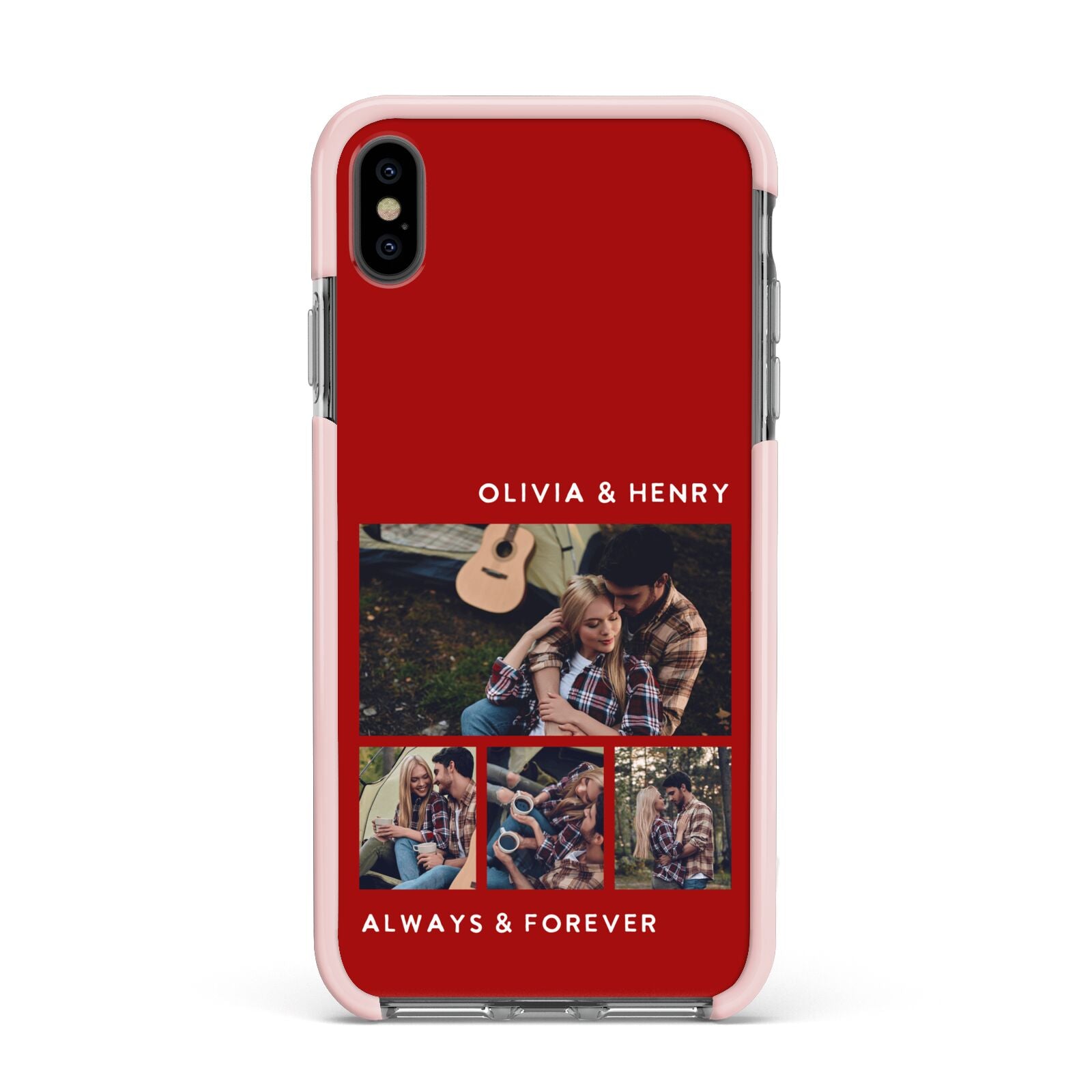 Couples Photo Collage Personalised Apple iPhone Xs Max Impact Case Pink Edge on Black Phone