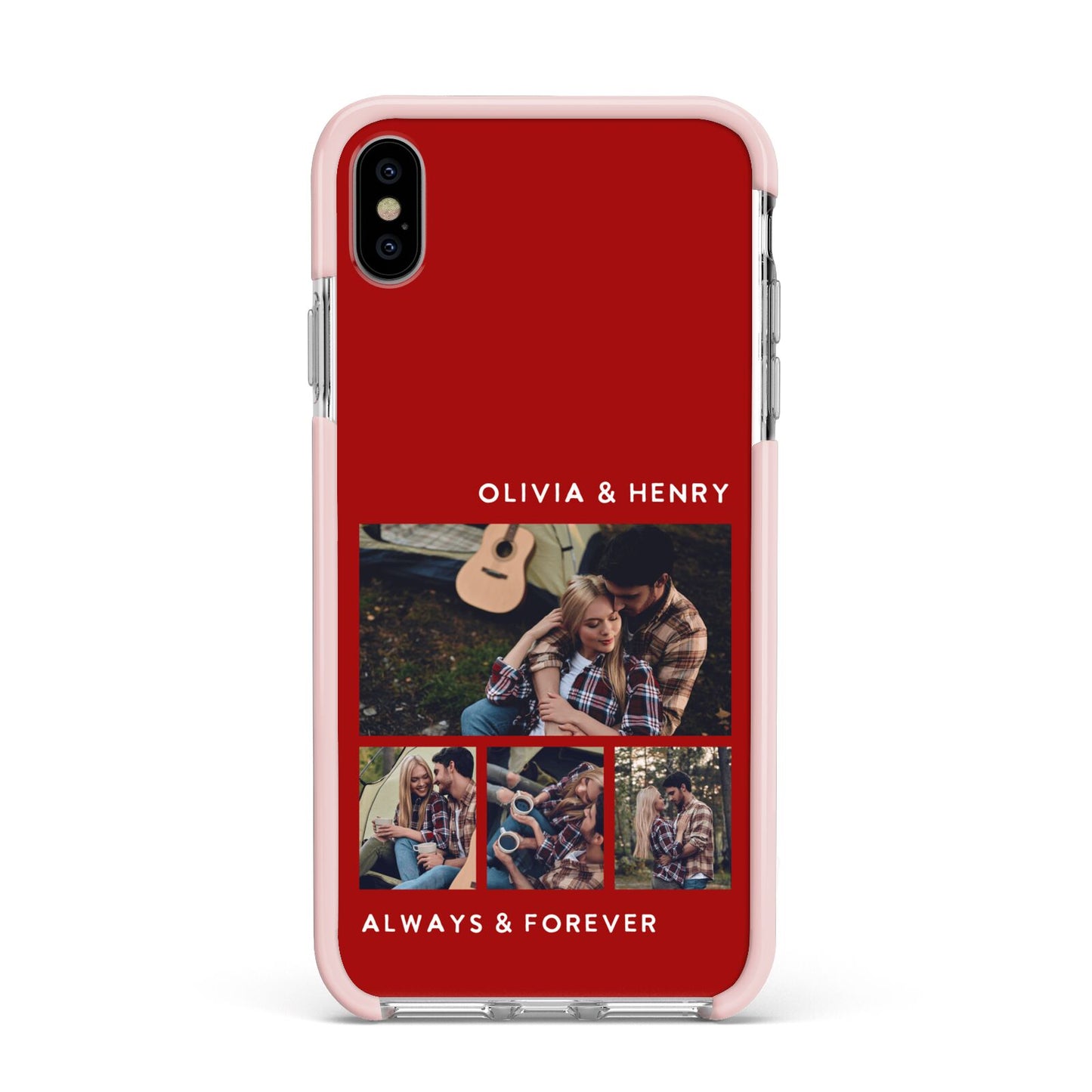 Couples Photo Collage Personalised Apple iPhone Xs Max Impact Case Pink Edge on Silver Phone