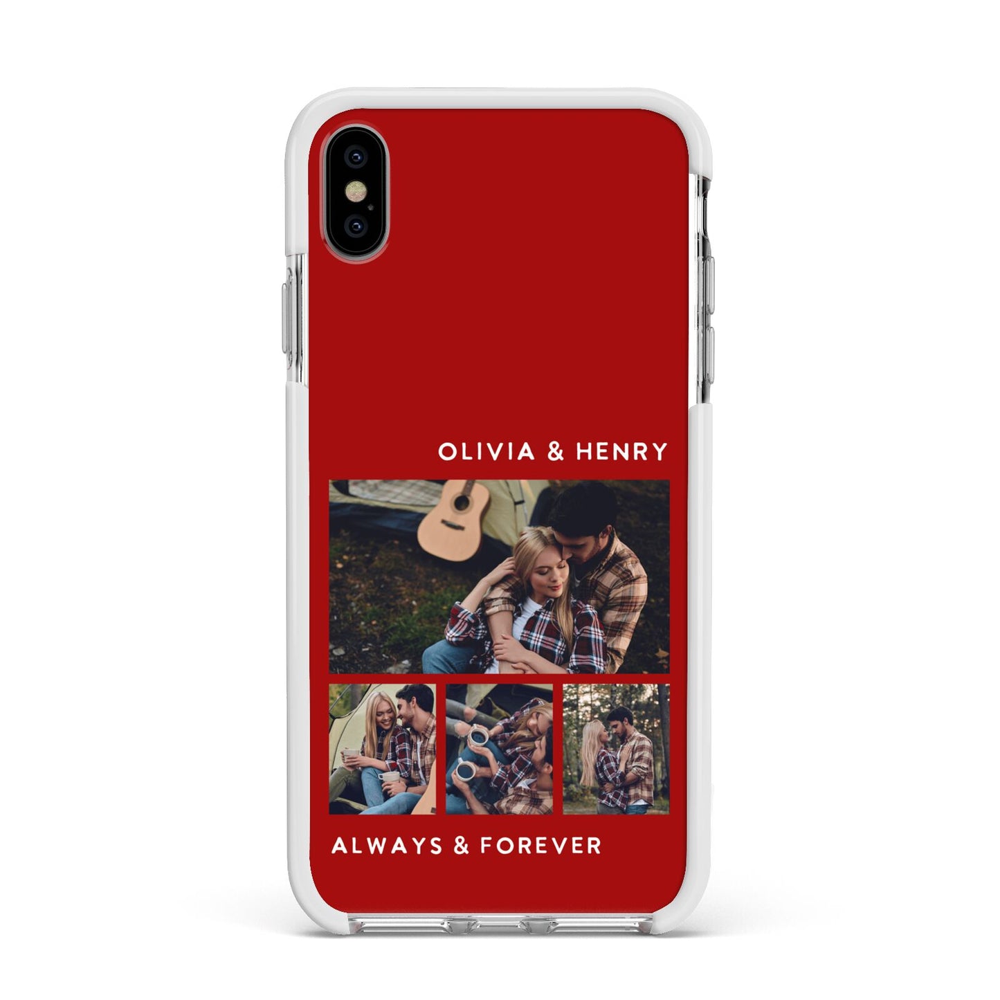 Couples Photo Collage Personalised Apple iPhone Xs Max Impact Case White Edge on Silver Phone