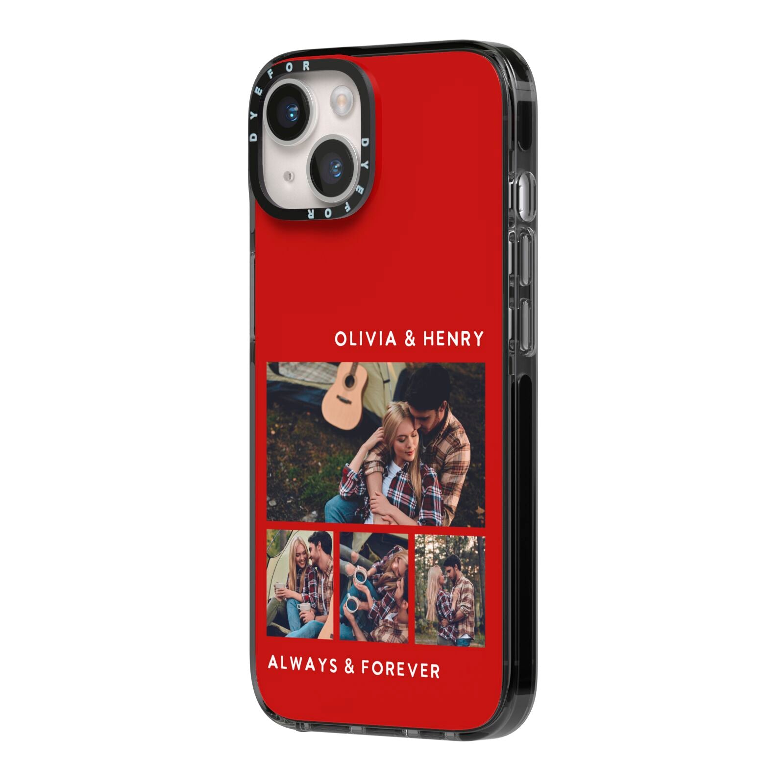 Couples Photo Collage Personalised iPhone 14 Black Impact Case Side Angle on Silver phone