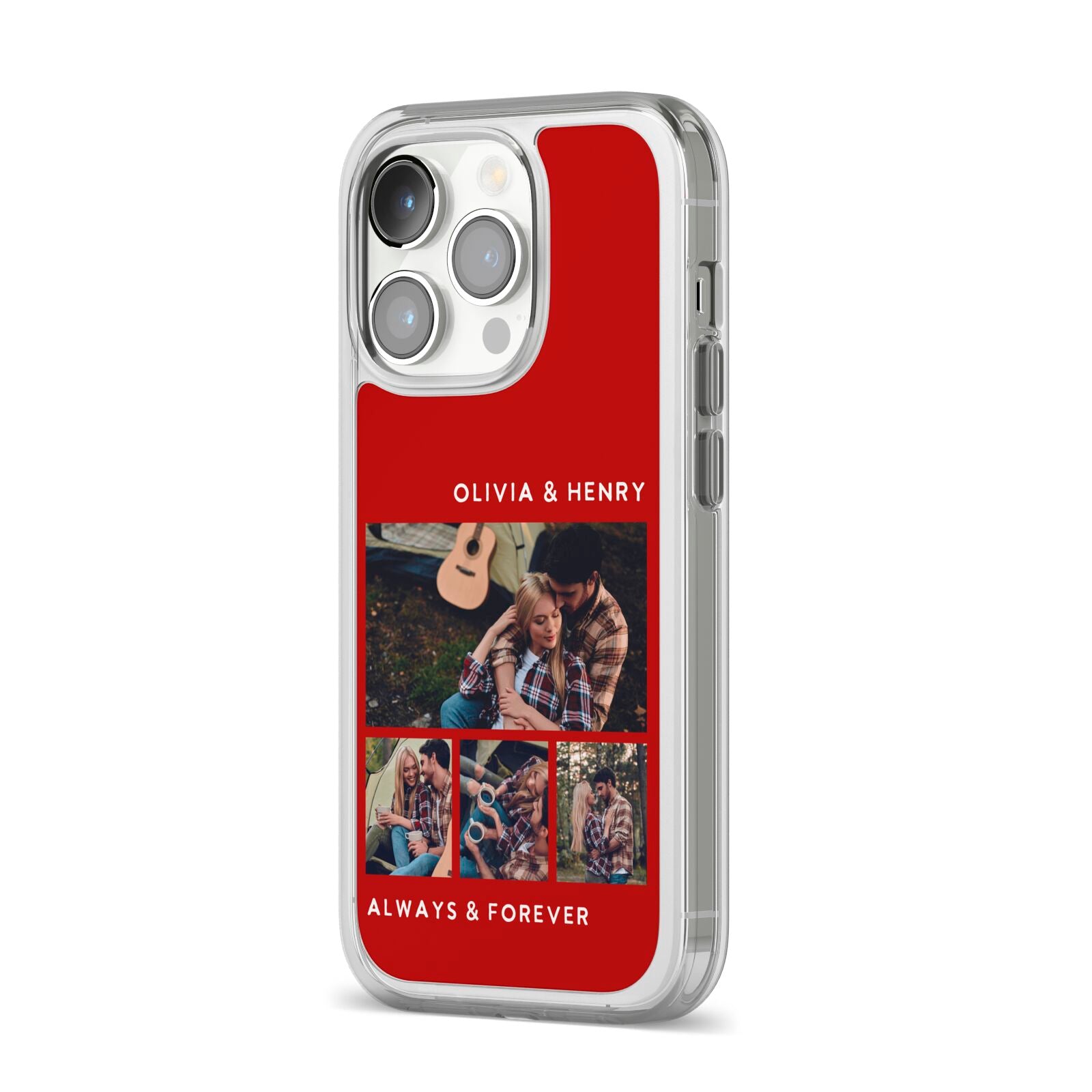 Couples Photo Collage Personalised iPhone 14 Pro Clear Tough Case Silver Angled Image