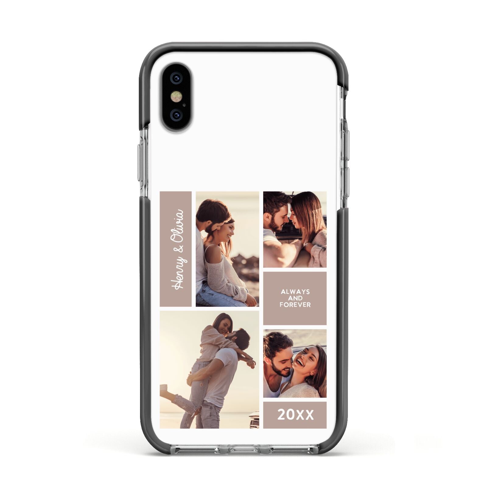 Couples Valentine Photo Collage Personalised Apple iPhone Xs Impact Case Black Edge on Silver Phone