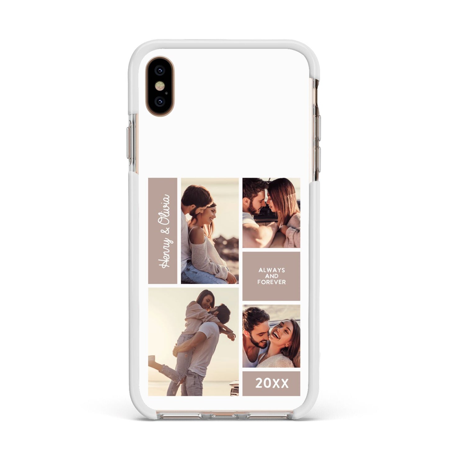 Couples Valentine Photo Collage Personalised Apple iPhone Xs Max Impact Case White Edge on Gold Phone