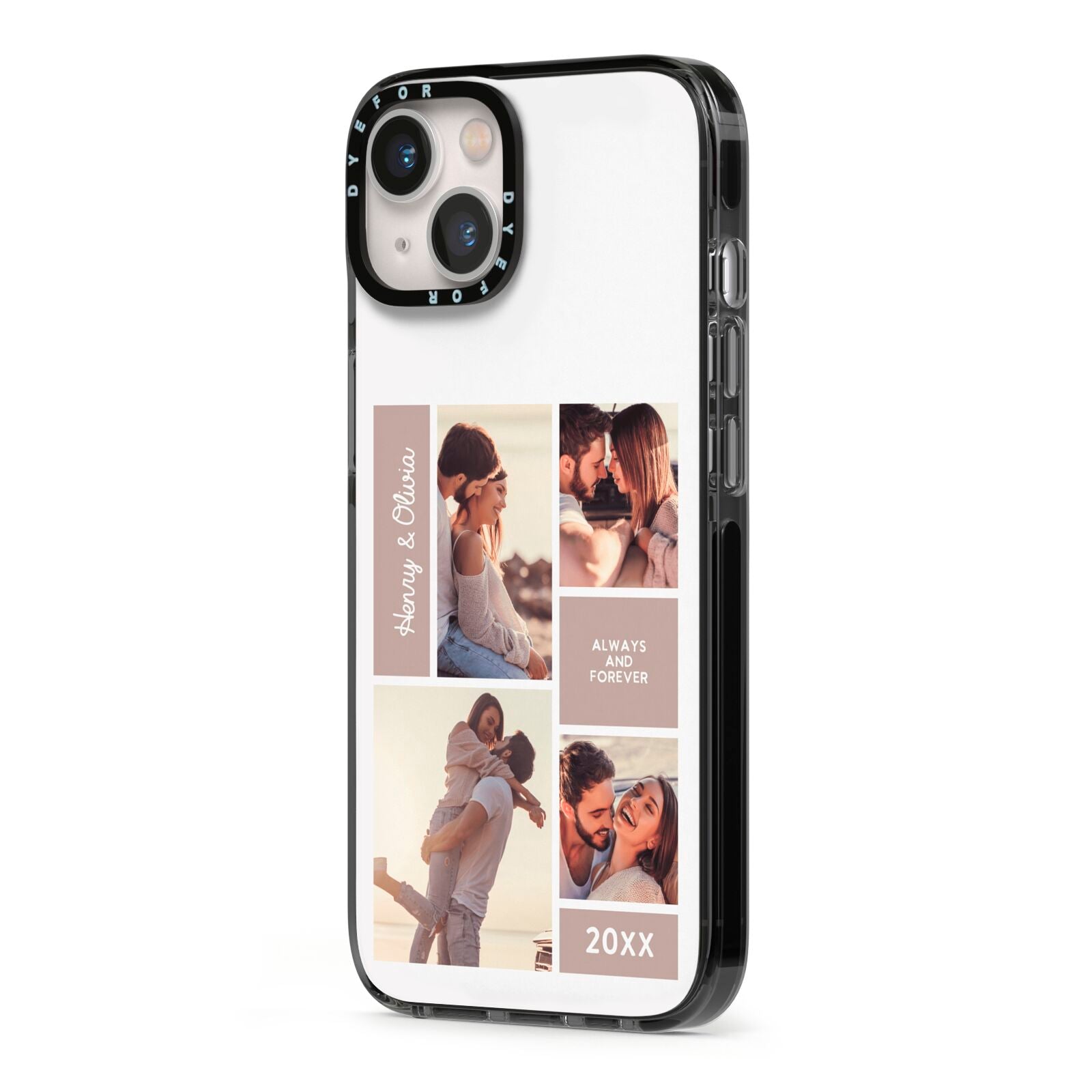 Couples Valentine Photo Collage Personalised iPhone 13 Black Impact Case Side Angle on Silver phone