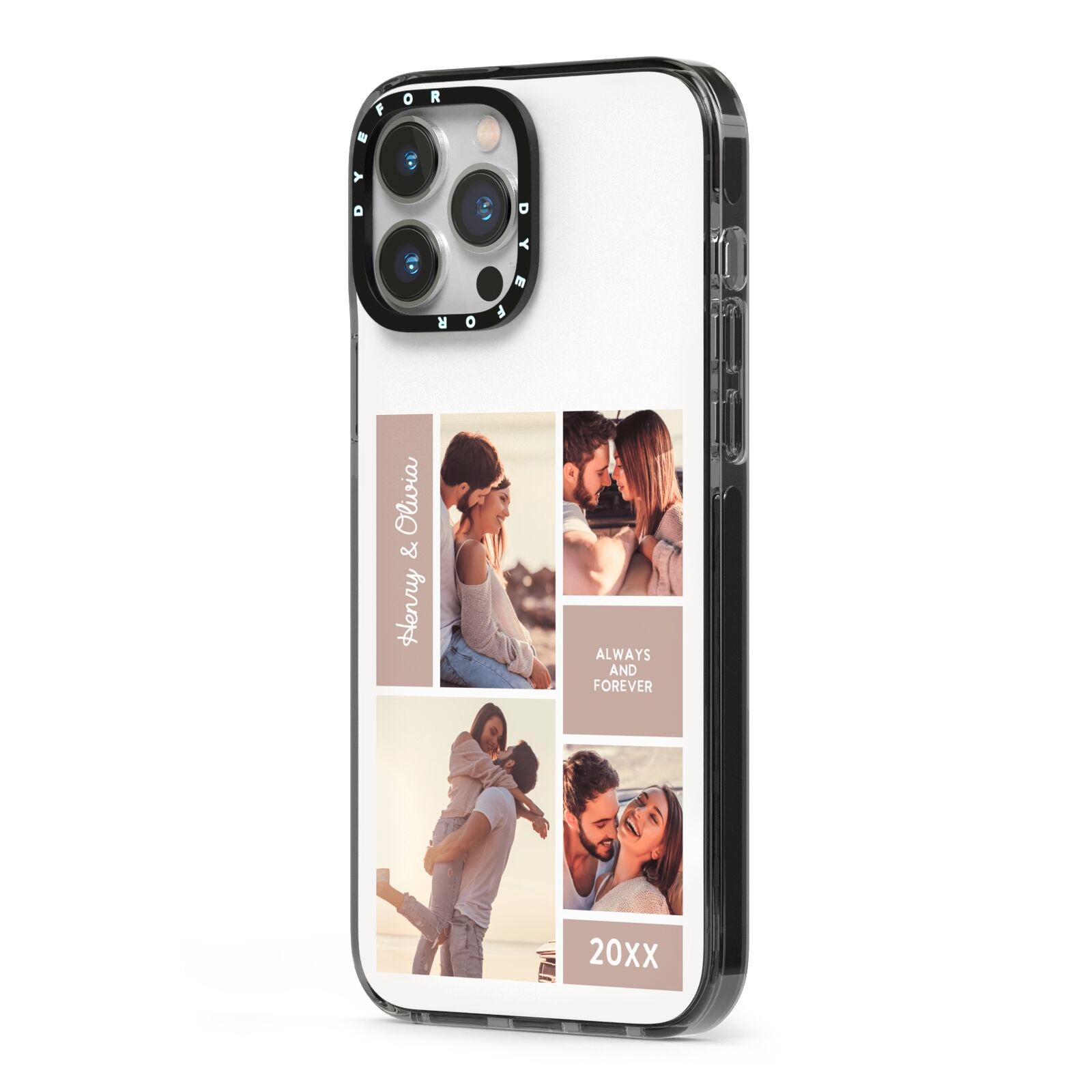 Couples Valentine Photo Collage Personalised iPhone 13 Pro Max Black Impact Case Side Angle on Silver phone