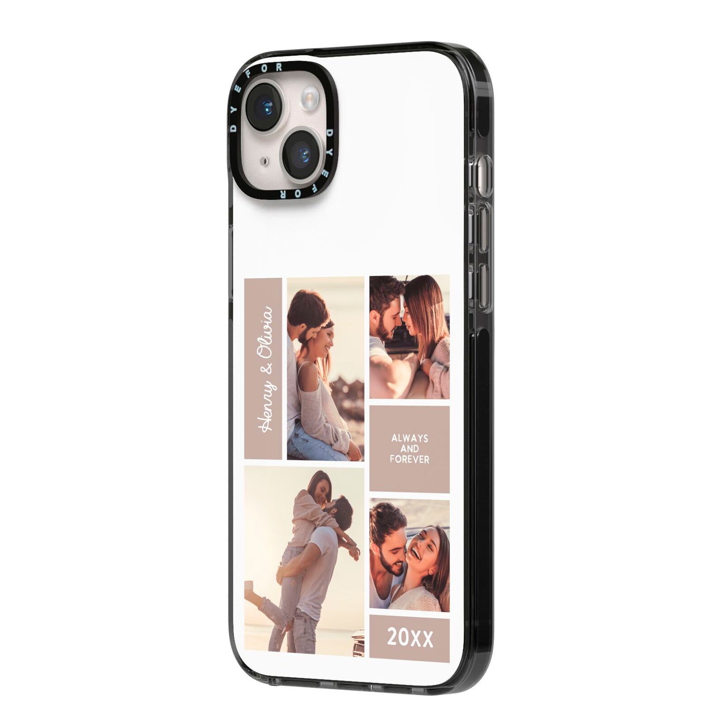 Couples Valentine Photo Collage Personalised iPhone 14 Plus Black Impact Case Side Angle on Silver phone