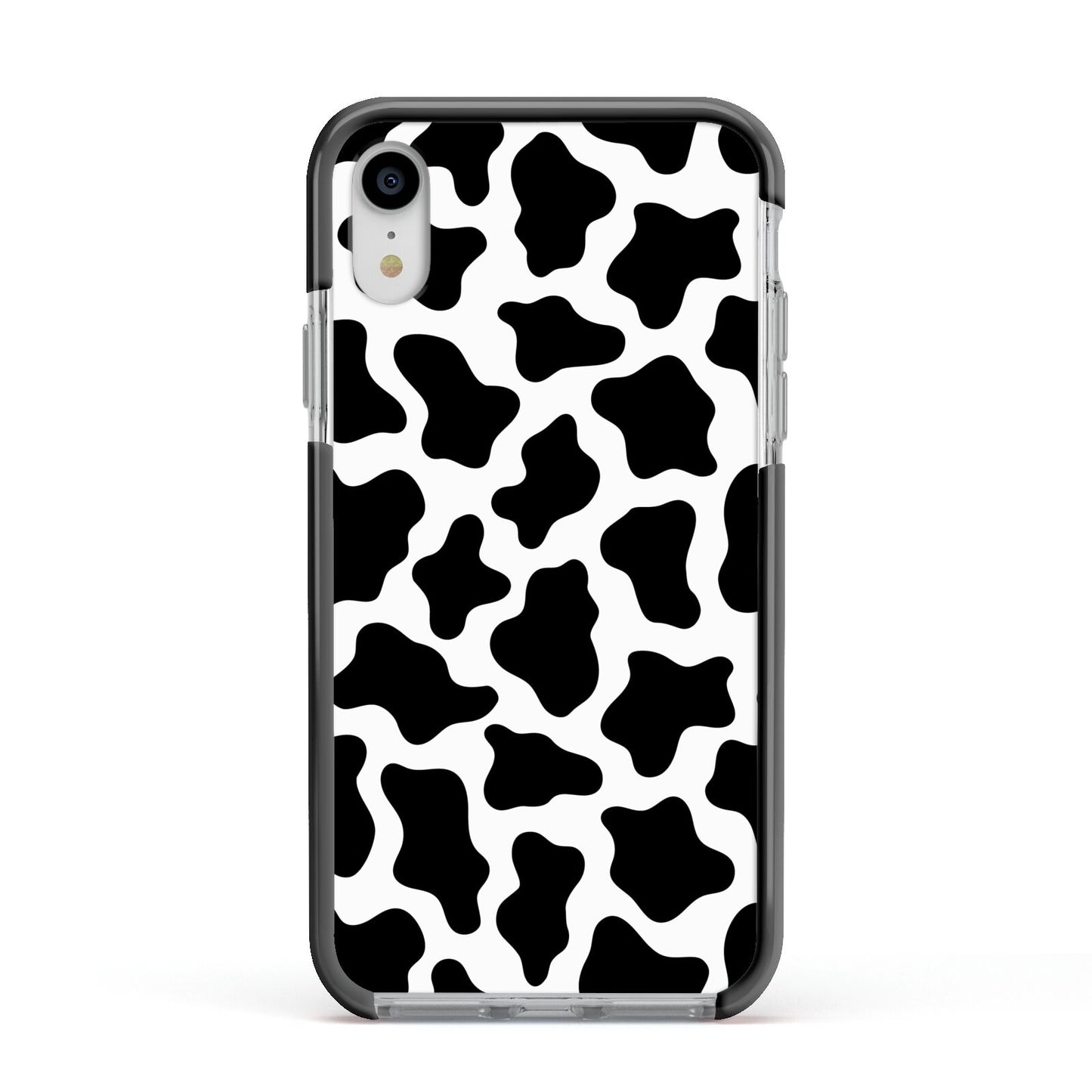 Cow Print Apple iPhone XR Impact Case Black Edge on Silver Phone