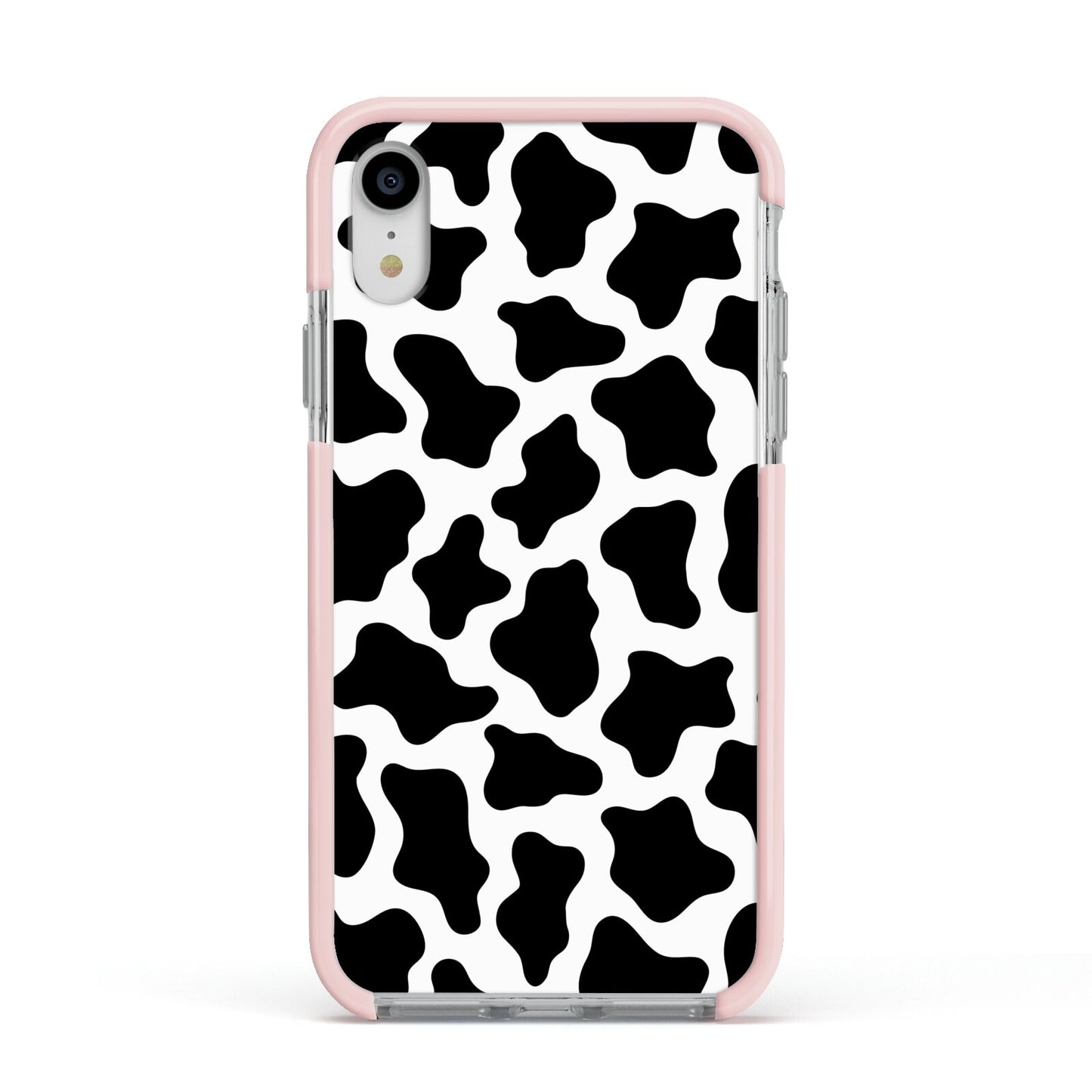 Cow Print Apple iPhone XR Impact Case Pink Edge on Silver Phone