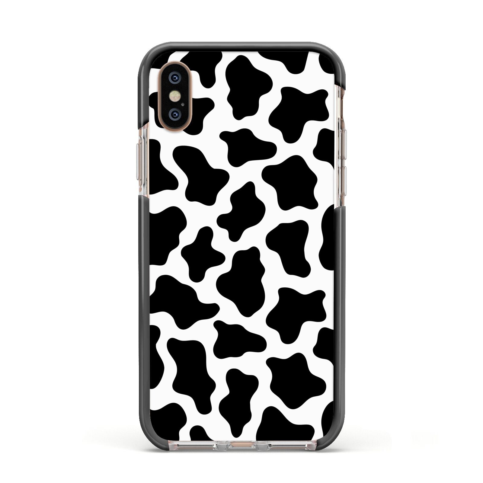 Cow Print Apple iPhone Xs Impact Case Black Edge on Gold Phone