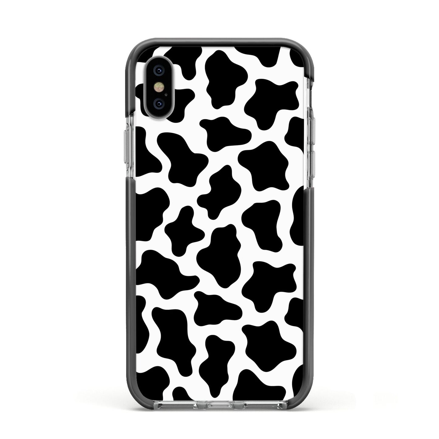 Cow Print Apple iPhone Xs Impact Case Black Edge on Silver Phone