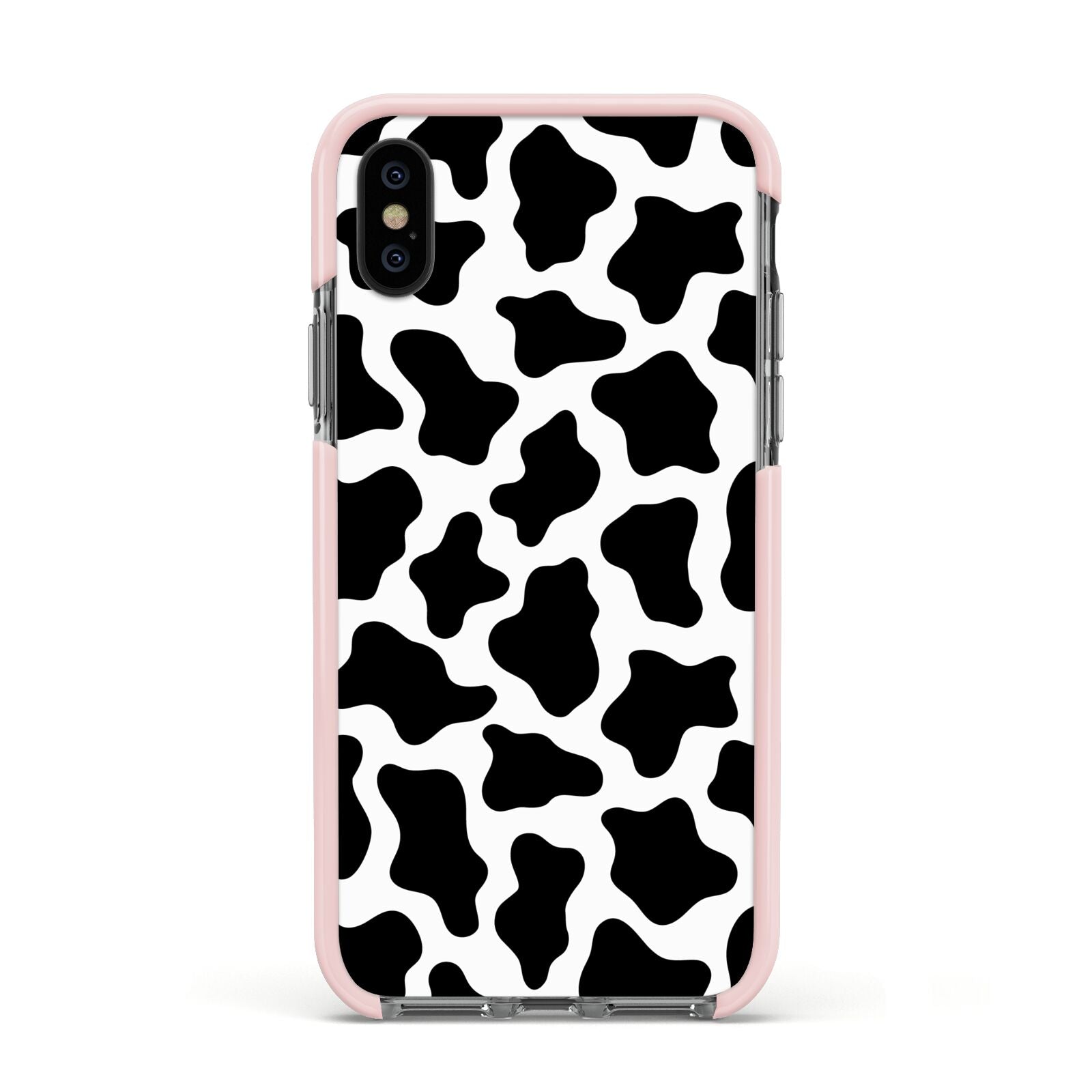 Cow Print Apple iPhone Xs Impact Case Pink Edge on Black Phone