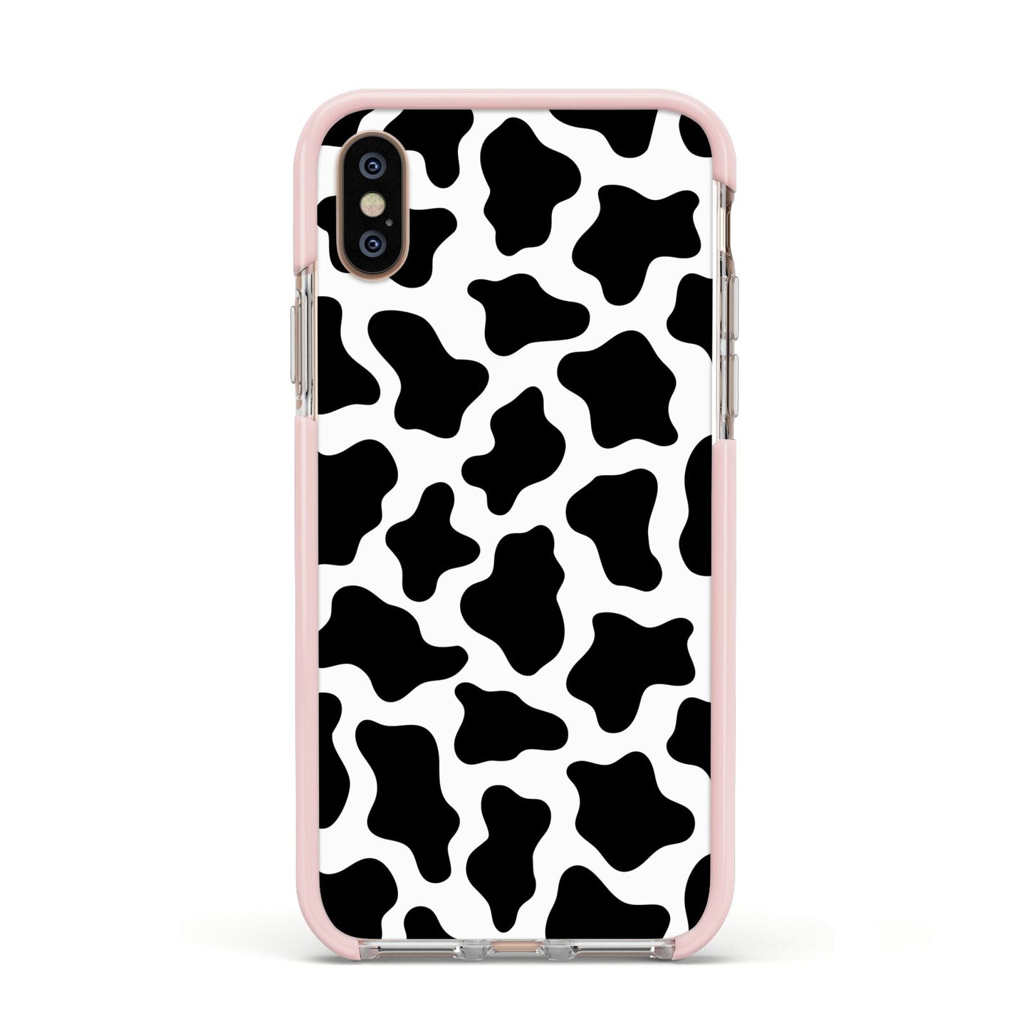Cow Print Apple iPhone Xs Impact Case Pink Edge on Gold Phone