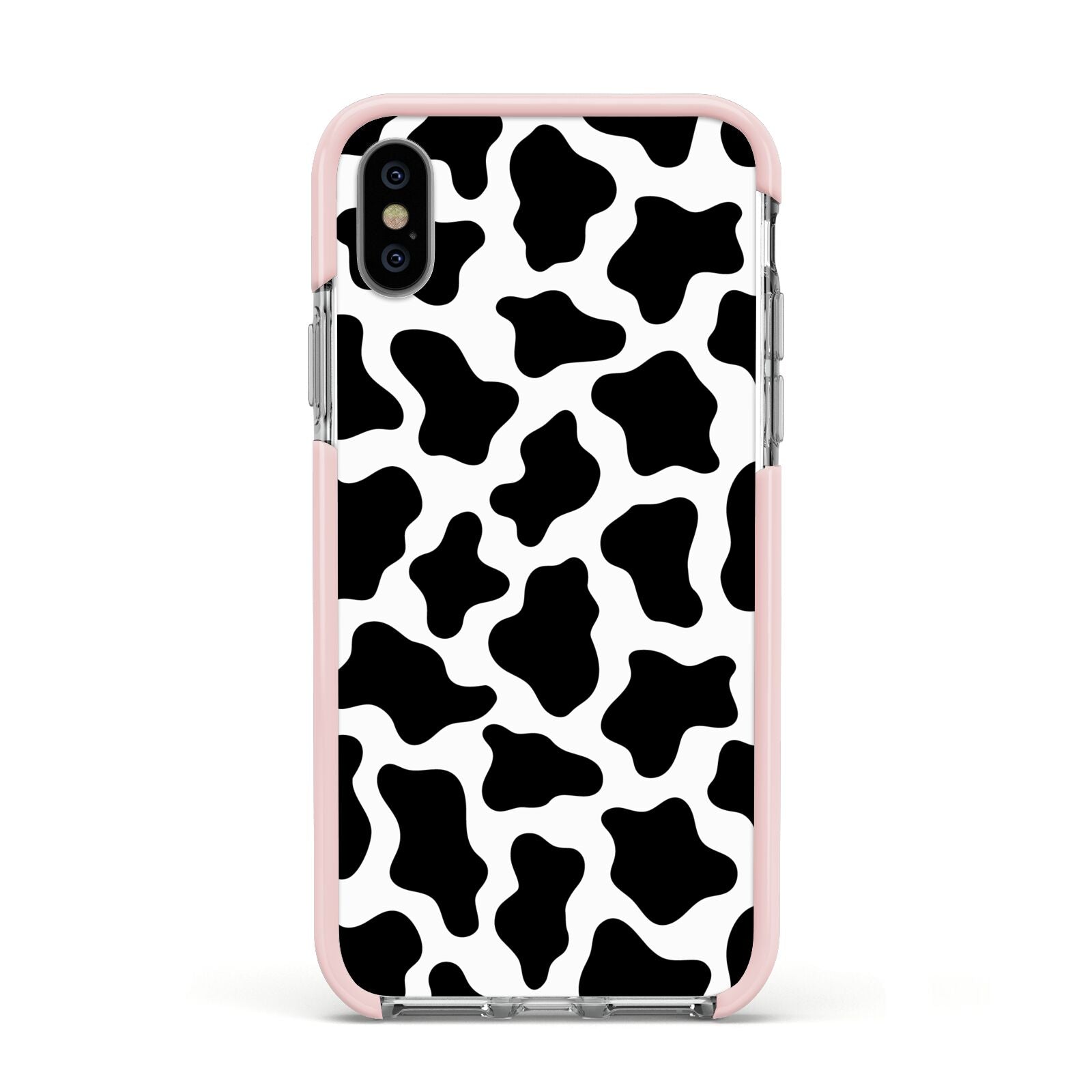 Cow Print Apple iPhone Xs Impact Case Pink Edge on Silver Phone